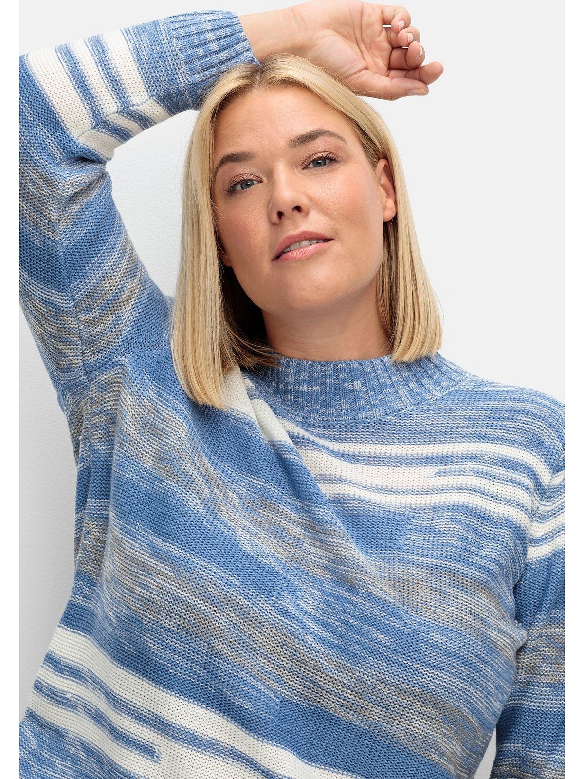 und Sheego Blockstreifen Strickpullover Größen blau Große Stehkragen meliert mit