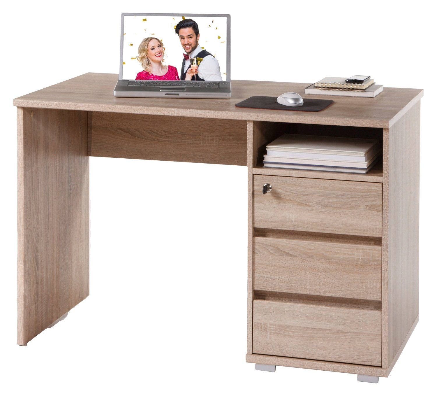 Schreibtisch PRIMUS, B 110 x T 65 cm, Eiche Sonoma Dekor, mit 1 Ablagefach und 3 Schubladen