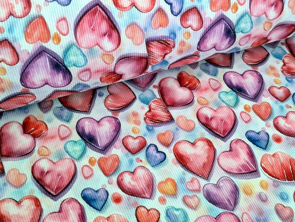 Corileo Stoff Eigenproduktion Rib Jersey Bunte Herze auf Weiß Stoff Meterware