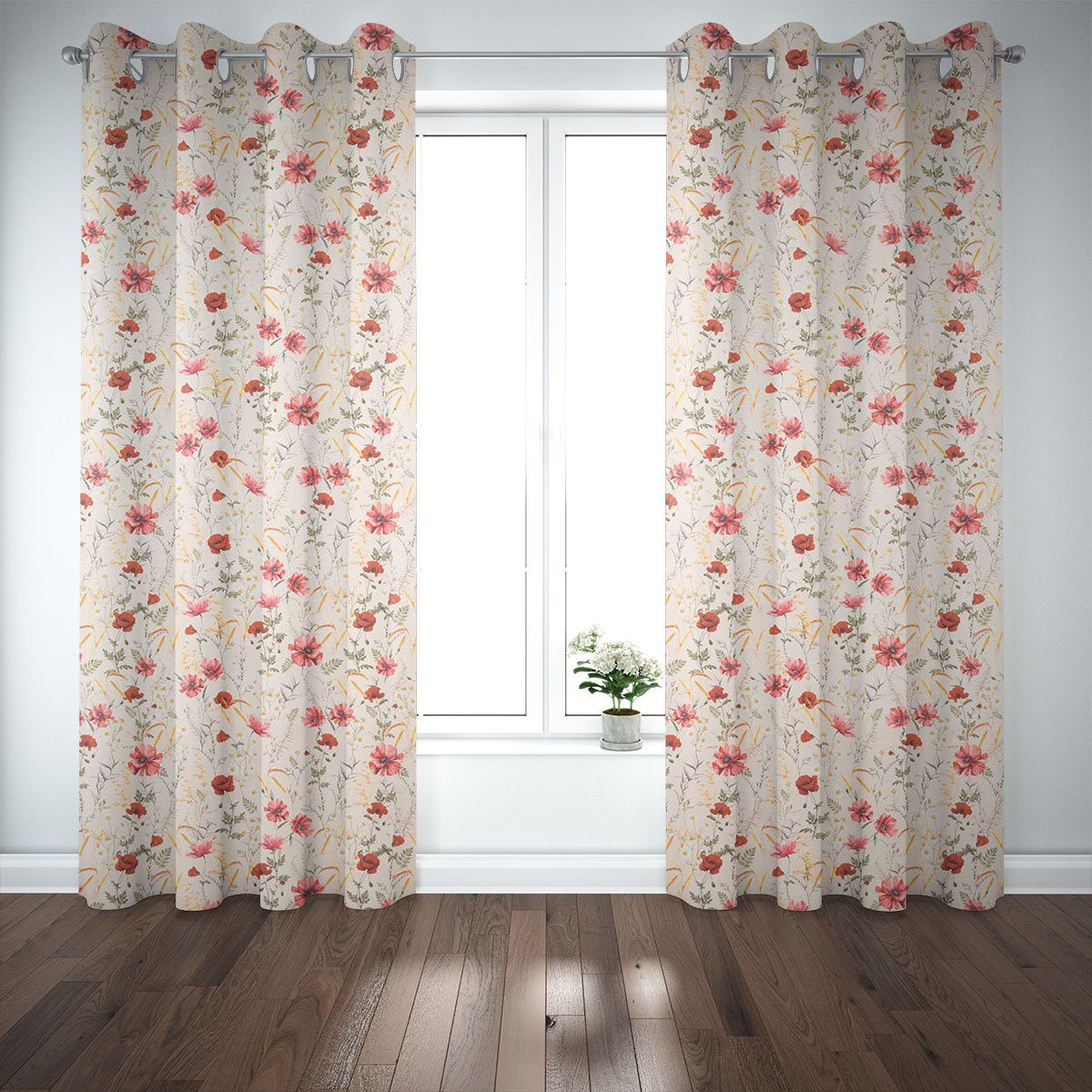 SCHÖNER LEBEN. Vorhang Gardine Poppy Mohnblumen Kamille Getreide beige rot 245, Ösen, Lichtschutz, Baumwolle, Digitaldruck