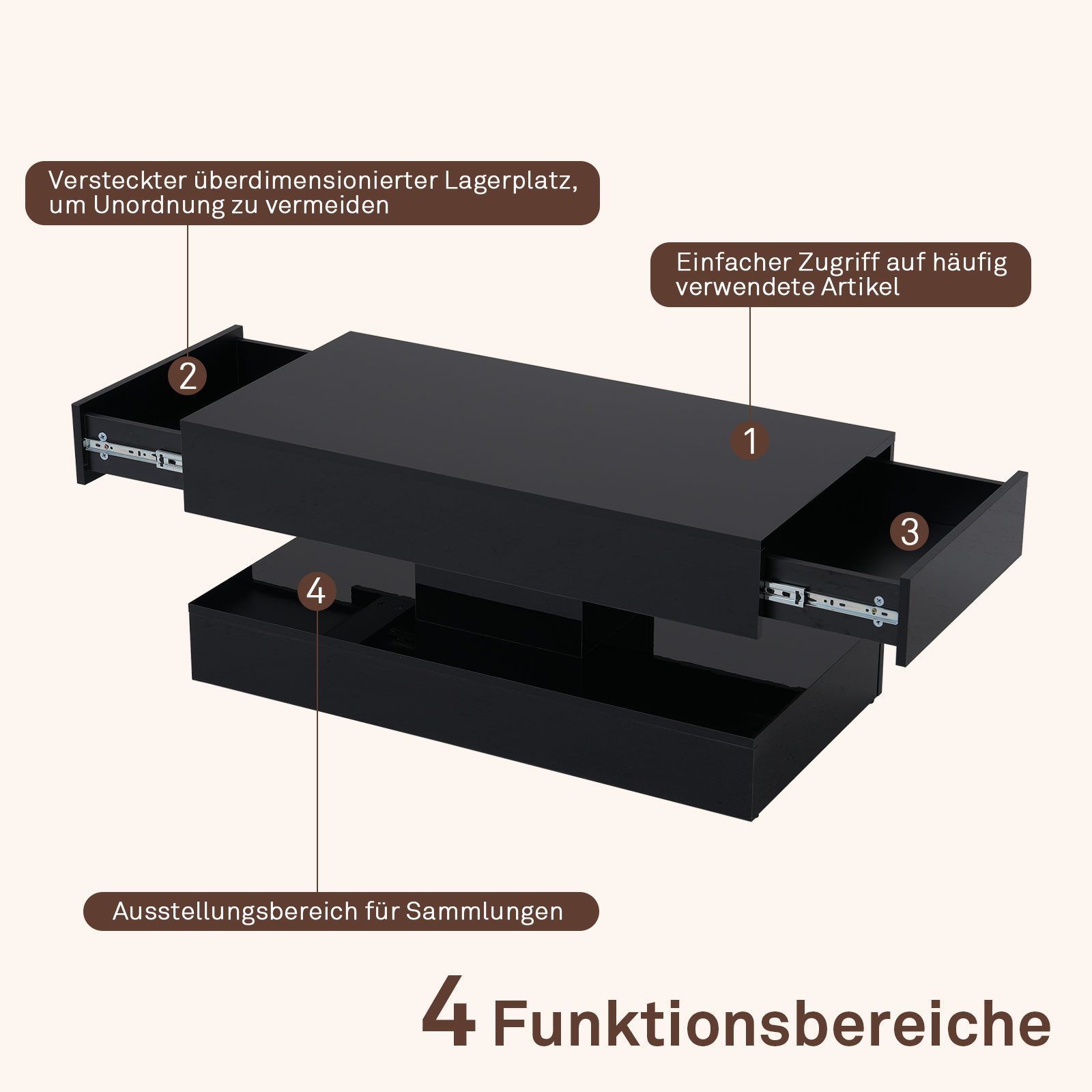 JOIVI Couchtisch Couchtisch im Hochglanz Moderner Kaffeetisch mit 2 Schuhbladen (Wohnzimmertisch in 100 x50x45cm), Sofatisch für Wohnzimmer, Schlafzimmer, Büro, Schwarz