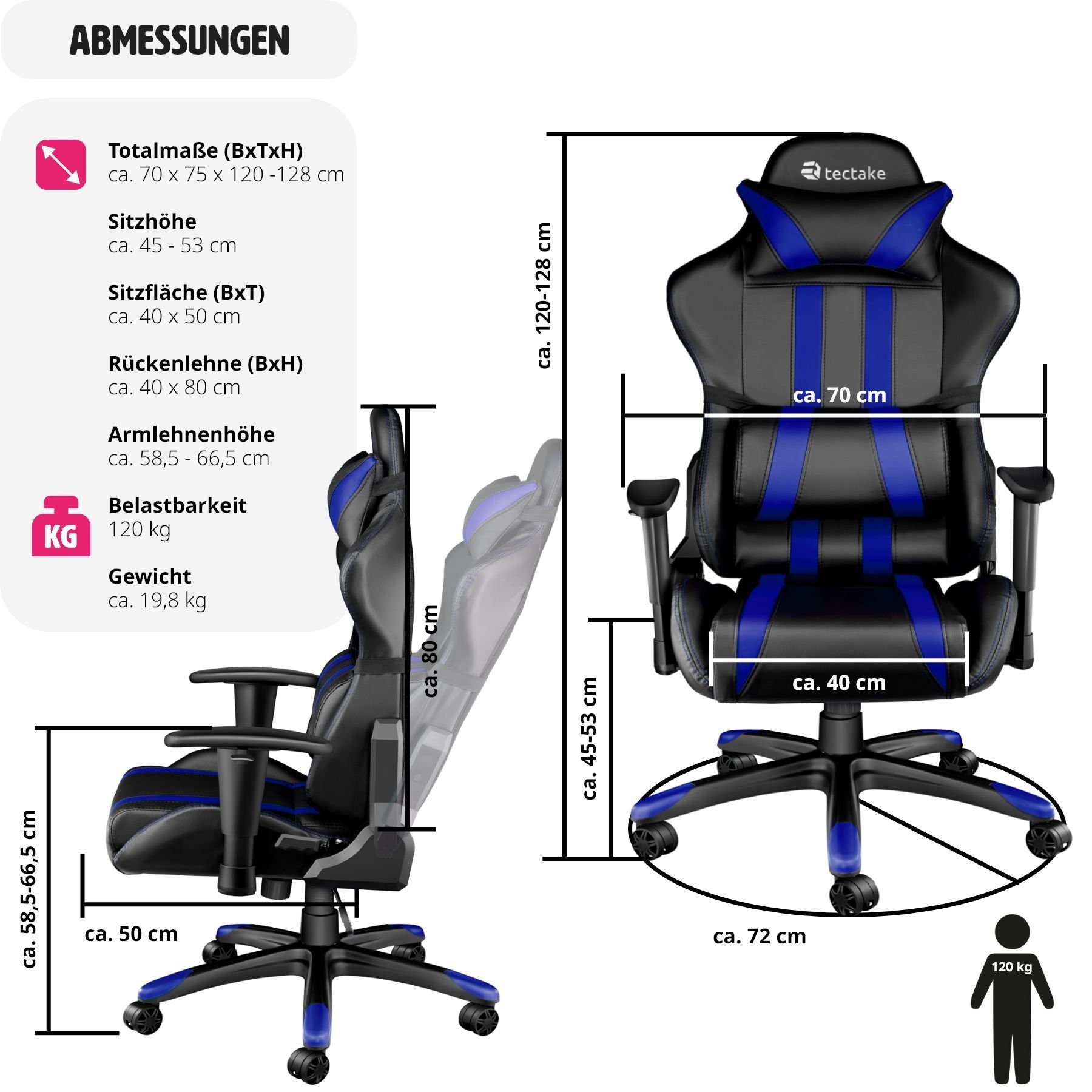 (1er, St), Racing bis verstellbar Streifen tectake schwarz/blau Premium Rückenlehne 105° mit 1 Gaming-Stuhl Bürostuhl