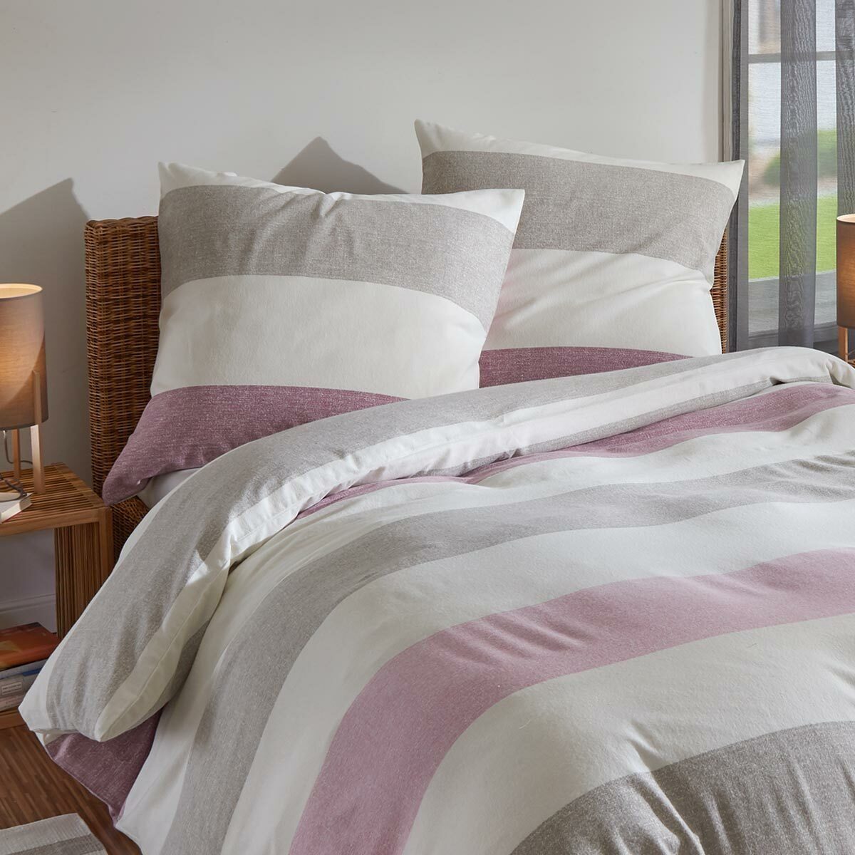 TRAUMSCHLAF Bettwäsche Melange Streifen rose, Biber, 2 teilig, Biberbettwäsche weich und kuschelig