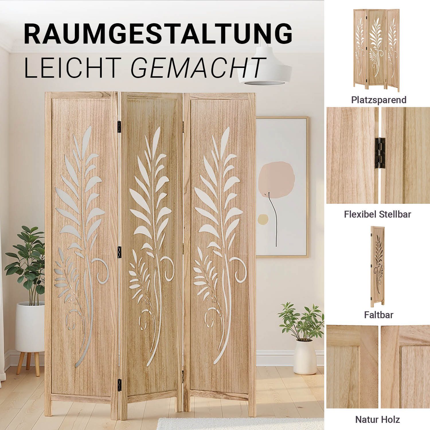 Homestyle4u Paravent Raumteiler Holz Trennwand Natur Sichtschutz Indoor faltbar (3-teilig), faltbar