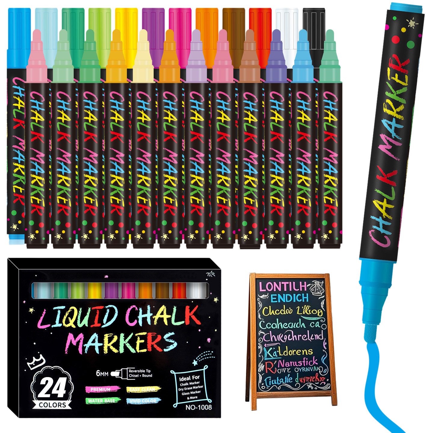 FOUORTUNATE-BEE Whiteboard Marker Flüssigkreidestifte Abwischbar 6 mm für Glas Tafel Whiteboard Set, (24-tlg), Fensterstifte für Schule Café DIY Deko Hochzeit und Kreativprojekte
