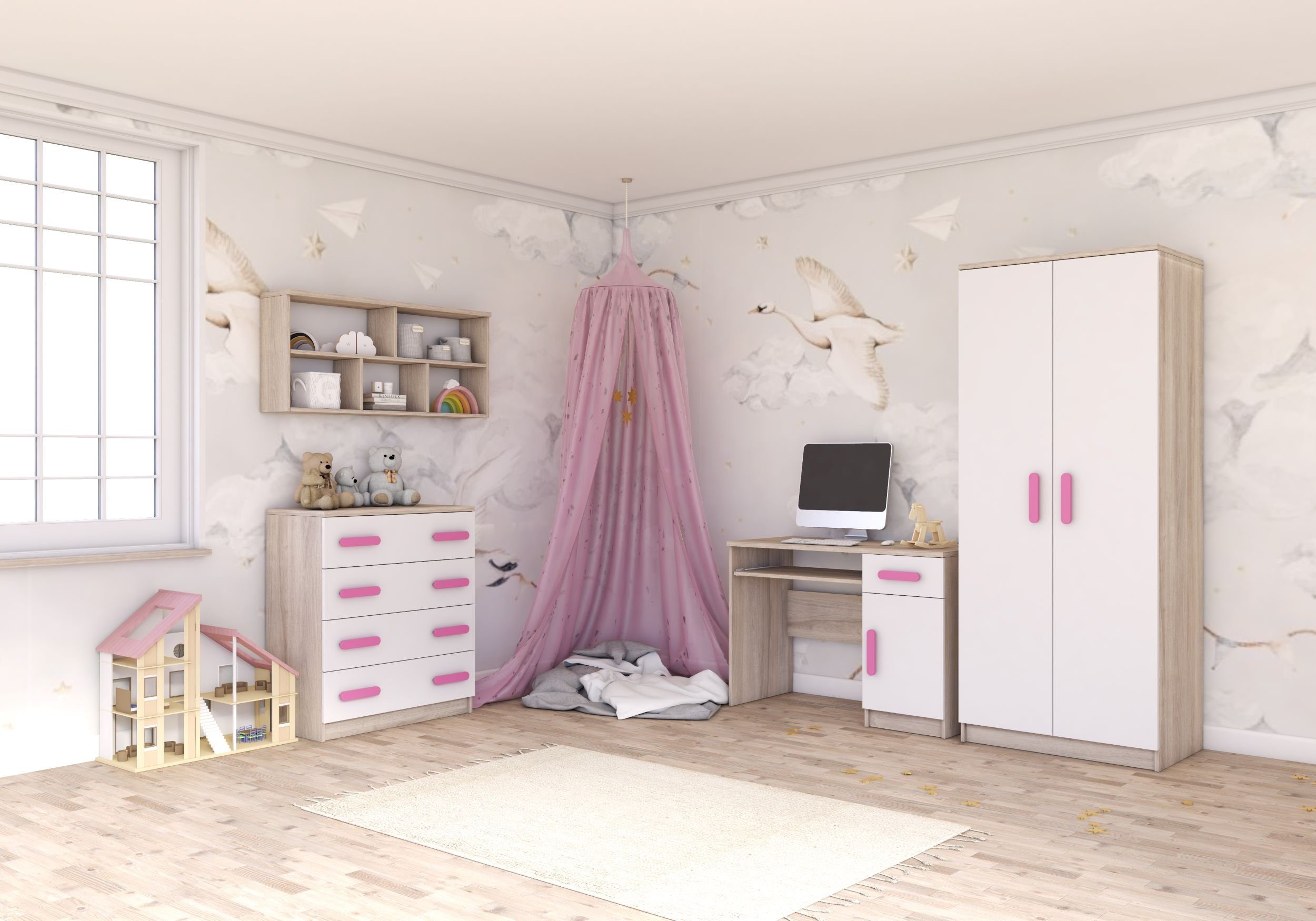 Polini Home Schwebetürenschrank Kleiderschrank 2-türig | Eiche-weiß-rosa Ei 80x193x50cm eiche-weiß-rosa für Kinderzimmer Jugendzimmer