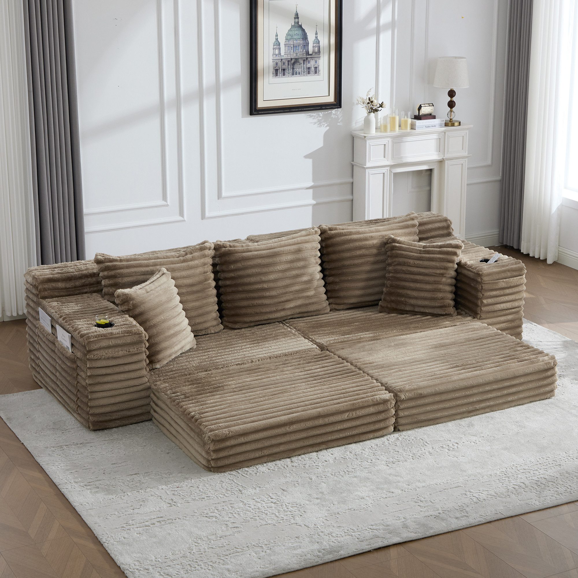Odikalo 4-Sitzer Modulares Sofa Schlafsofa Schlafcouch, mit Sitzkompressions-Funktion, Hoher Rückenlehne & Zusatzkissen, Beidseitigen Taschen & Getränkehaltern, Frei Kombinierbar als Schlafsofa, Weiches Polster für Komfort