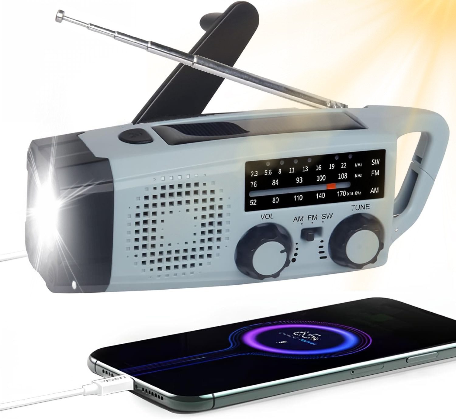 Toomoke Notfall Radio mit 2000mAh Akku & Kurbel – Solar Ladegerät integriert Radio (3-Wege-Laden (Solar, Kurbel, USB) – Power Bank, AM/FM Radio mit SOS-Alarm & Taschenlampe, Tragbares Notfallradio für Zuhause, Camping & Outdoor)