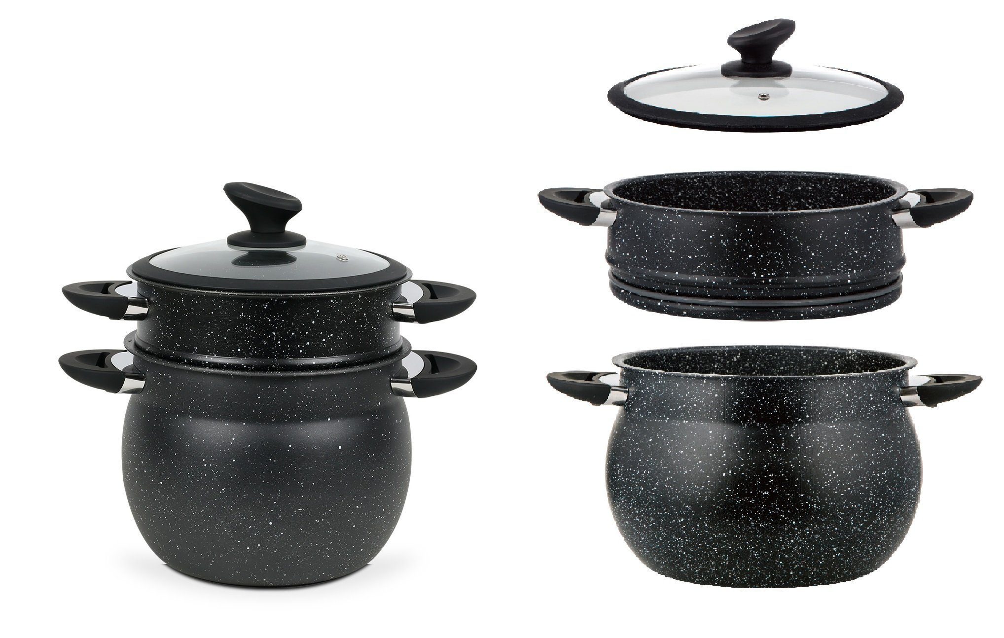 alesvelt Dampfgartopf Sahra 3 tlg. Couscoussiere Kuskus Topfset Dampfgarer 4,2L - 15L, Aluminium, Induktion, mit Glasdeckel, Dampfkochtopf