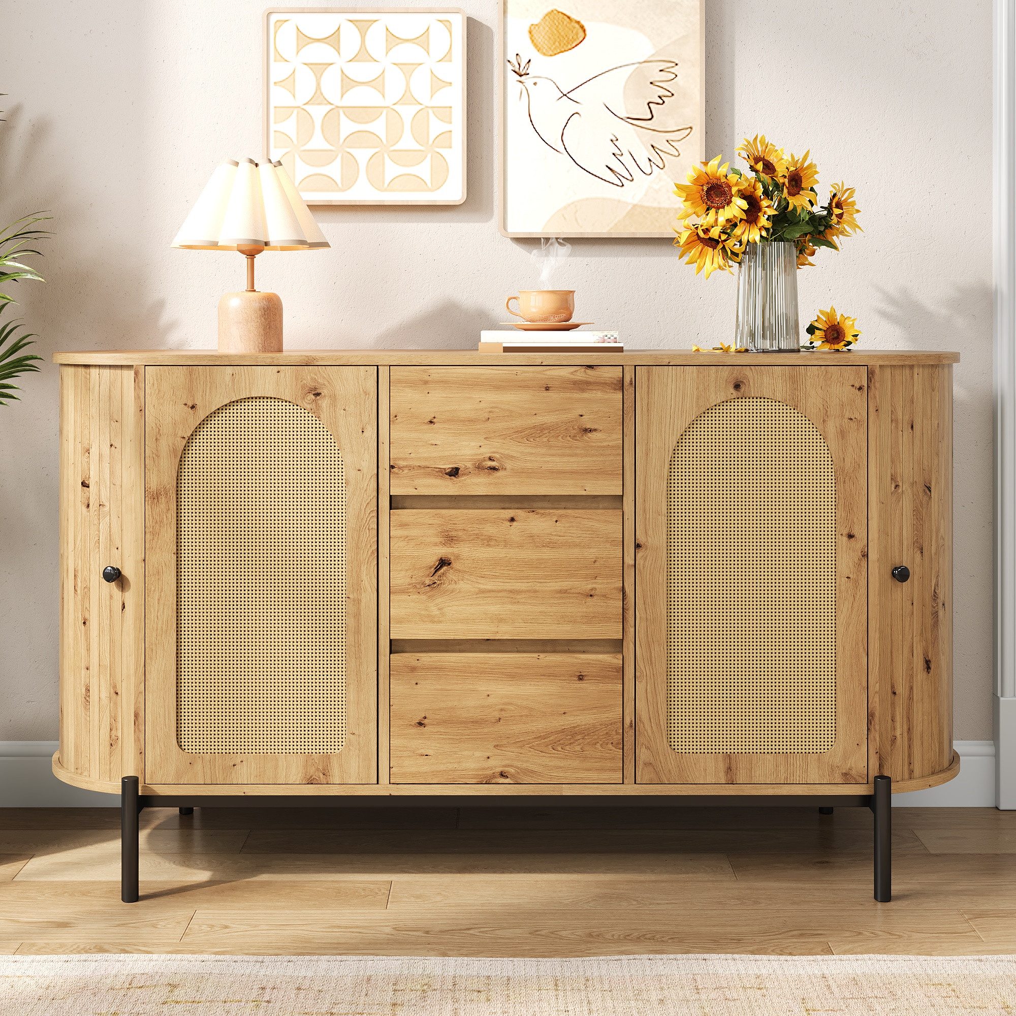 Merax Sideboard mit Rattantüren, Ovales Aufbewahrungsschrank in Holzoptik (140 × 38 × 77,5 cm, 1 St), Kommode mit 2 Schiebetüren, 3 Schubladen, Metallbeinen & Stauraum