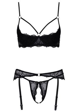 Cottelli Collection Set: Bügel-BH Offener BH, Ouvert-String und Strumpfhalter - schwarz