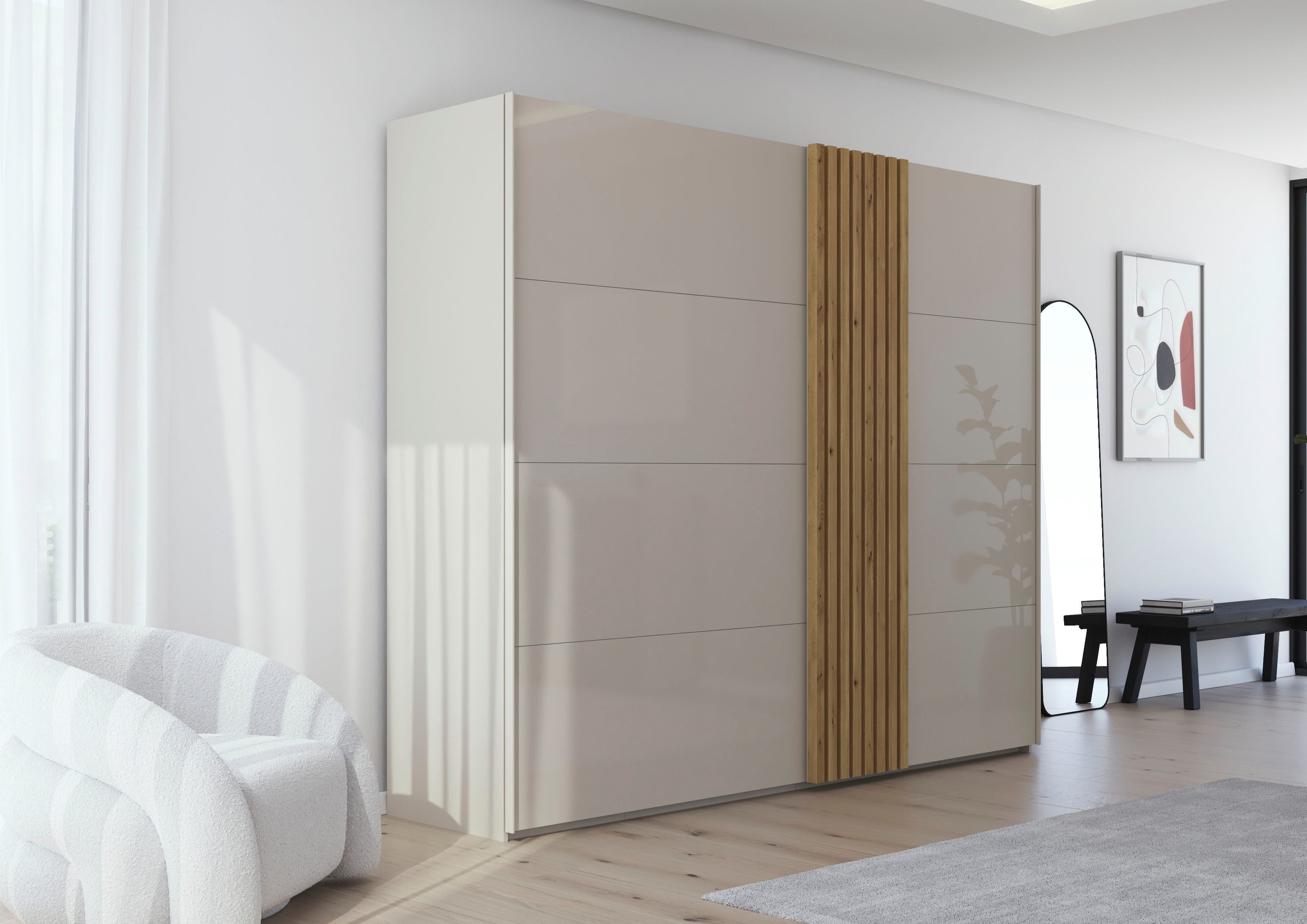 rauch Schwebetürenschrank Kleiderschrank Schrank Garderobe Wäscheschrank TEGIO mit hochwertigen Holzdekoraufleistung und Glasfront MADE IN GERMANY