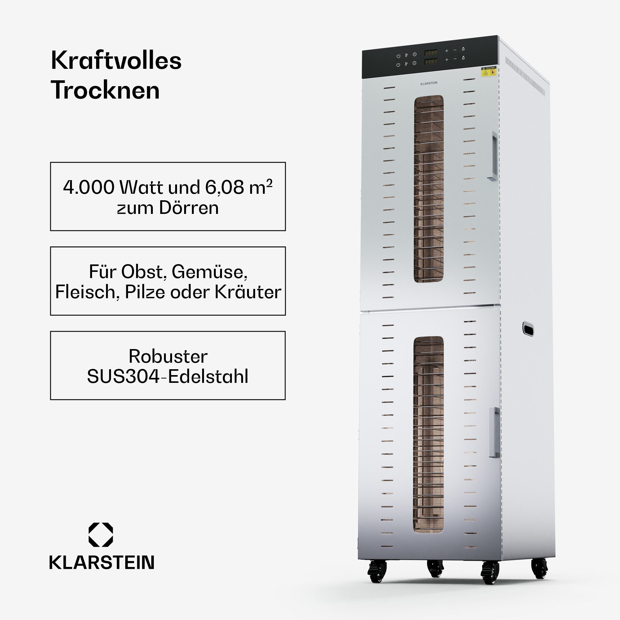 Klarstein Dörrautomat Master Jerky 600 4000 W, Dörrautomat groß Pilze Obst Trockner Dörrgerät Dehydrator Edelstahl