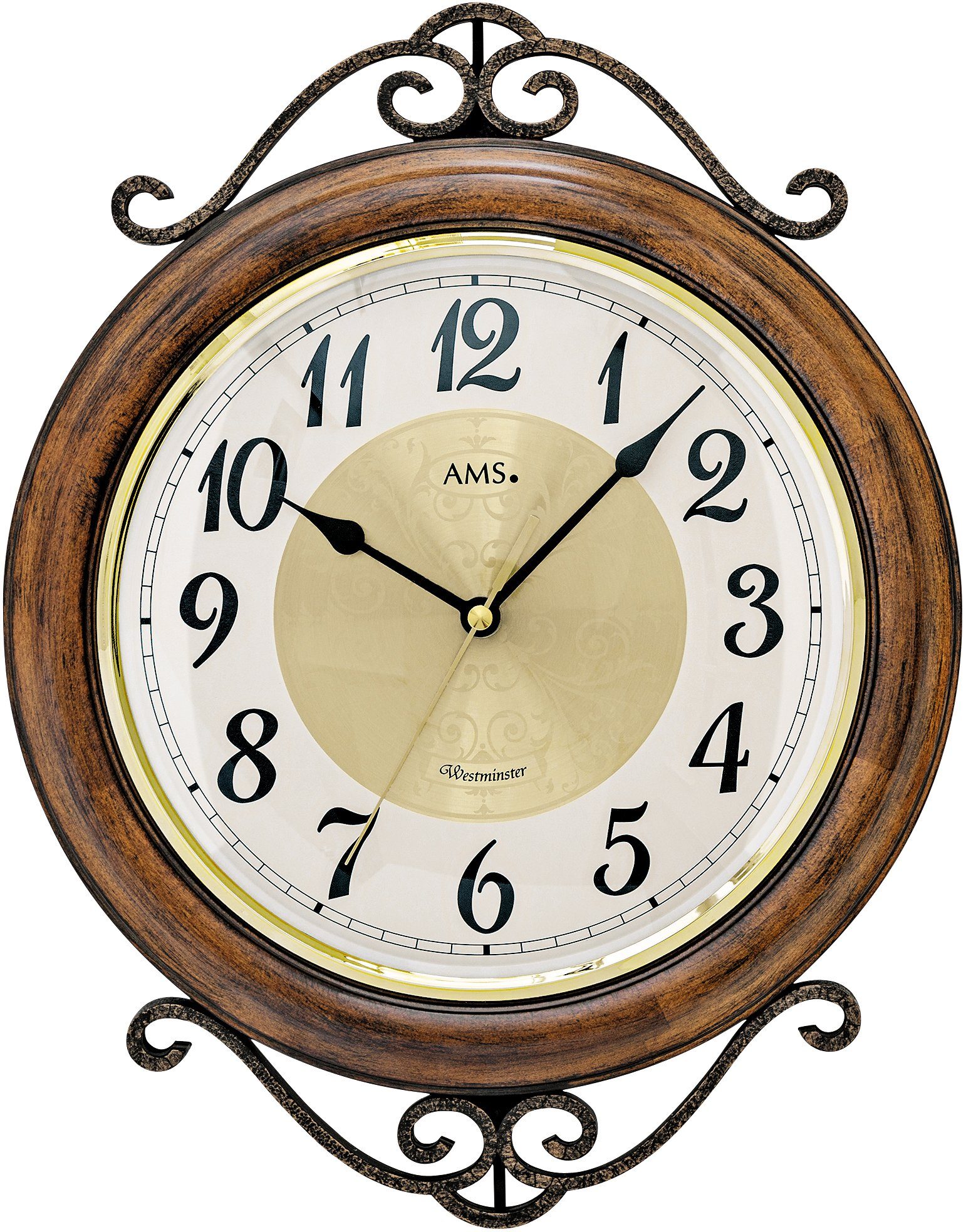 AMS Wanduhr W9565 (Quarzuhr,Holz,Esche nussbaumfarben,Wohnzimmer,Esszimmer,Küche,Flur)