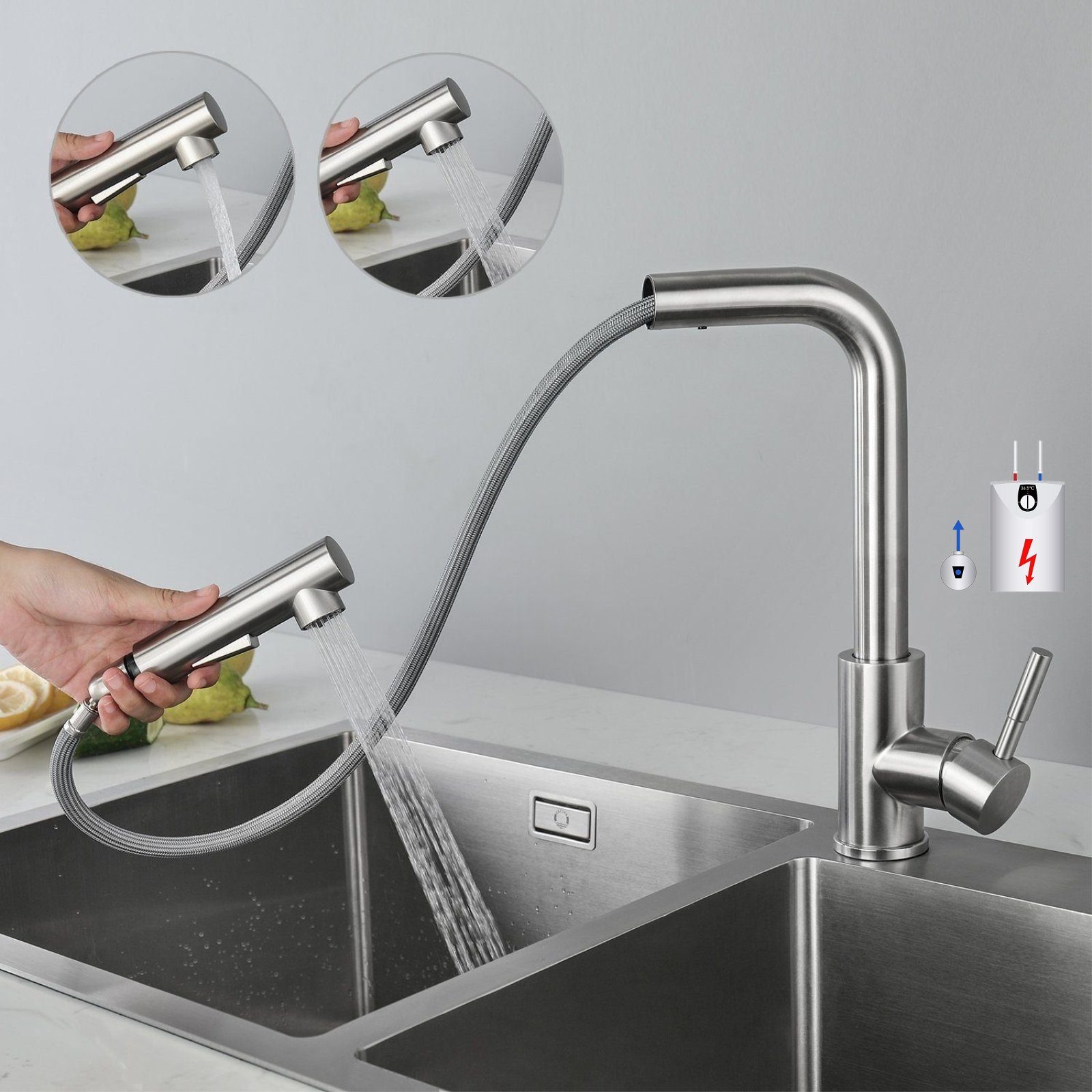 CECIPA Küchenarmatur Küchenarmatur Niederdruck Wasserhahn Ausziehbar 360 ° Drehbare Silber | Armaturen
