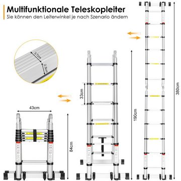 TLGREEN Teleskopleiter Teleskopleiter Teleskop-Klappleiter aus Aluminiumlegierung, Räder, Teleskopisch, Zusammenklappbar, Rutschfest