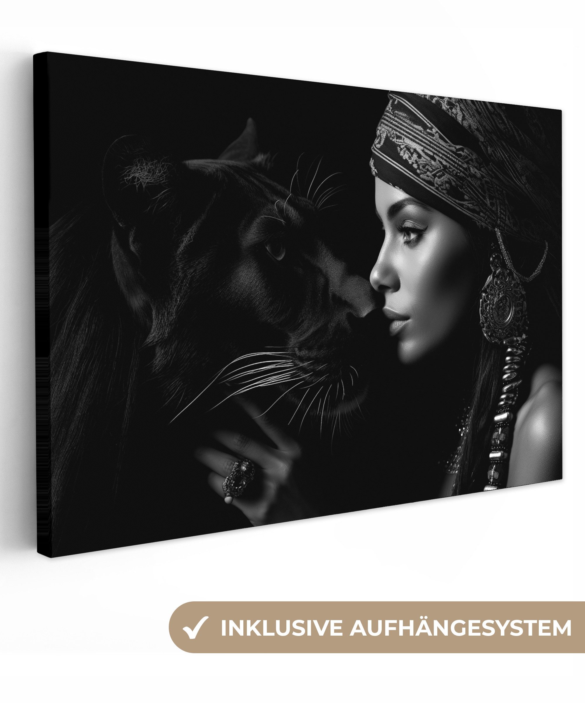 Leinwandbild Frau - Panther - Luxus - Schwarz - Weiß - Tier