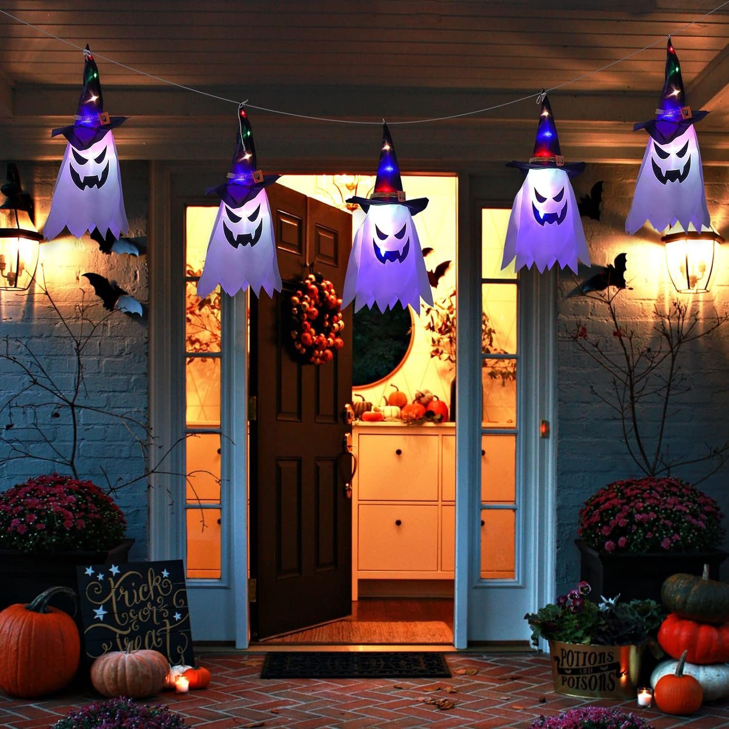 Merry 2024 Hängedekoration Halloween Deko Lichter Geister Hexenhut Halloween Lichterkette LED (1 St), Batteriebetriebene,für Halloween Garten,Hof,Zuhause,Baum D – Bild 4 von 5