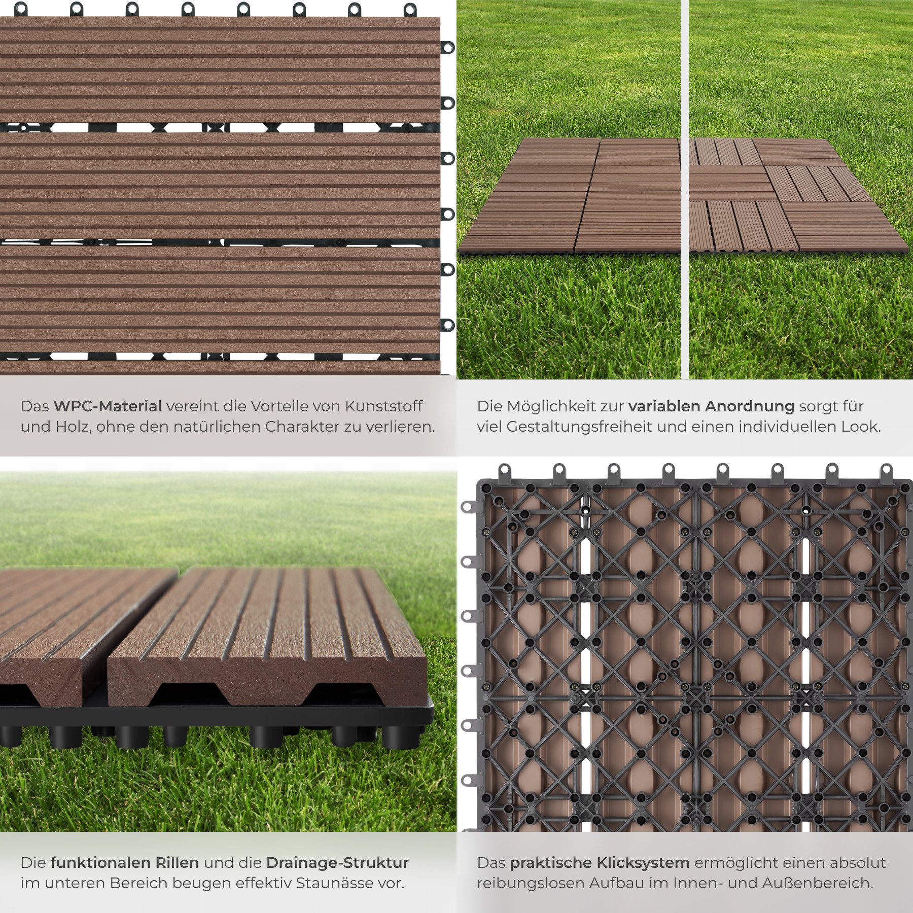 tectake Terrassendielen Terrassenfliesen 22er Set im Klicksystem, 31 x 31 x 2,2 cm, 2,1142 m², BxL: je 31,00x31,00 cm, (Terrassenplatten Außenbereich Tegulas, 2 – Bild 4 von 5