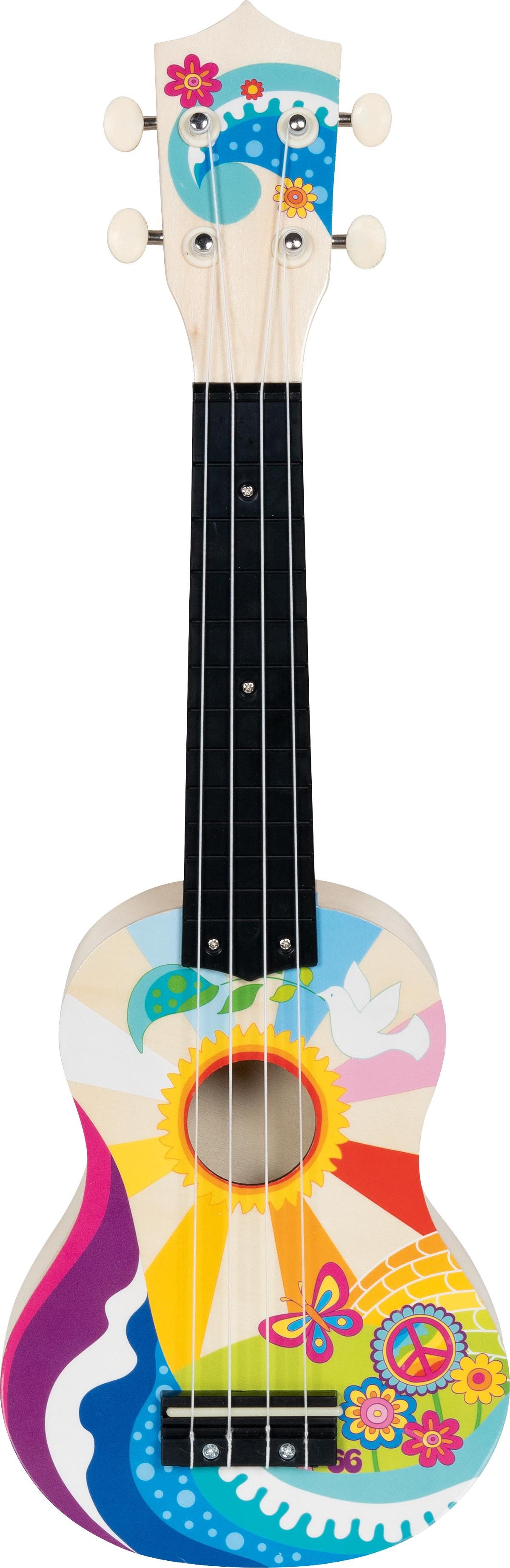 goki Spielzeug-Musikinstrument Ukulele Flower Power – Kindergitarre aus Holz mit 4 Saiten, 53 cm