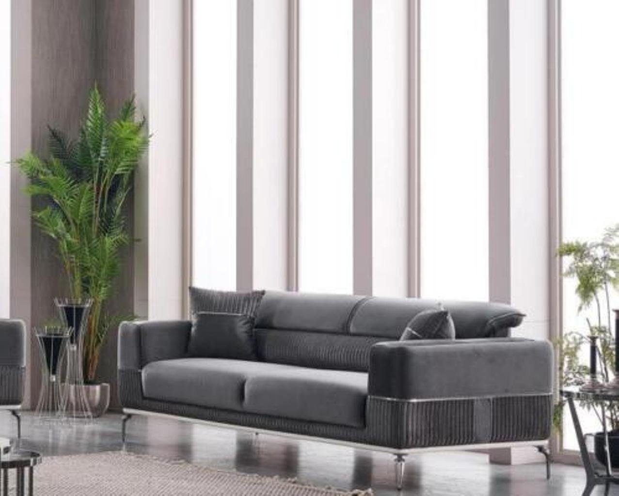 Möbel, 1x Sitzer Made 2x Grau Europa Textil in (3-St., Wohnzimmer + ohne Sofa JVmoebel Couchtisch), 3-Sitzer Set 331 Sessel Wohnzimmer-Set Sofagarnitur