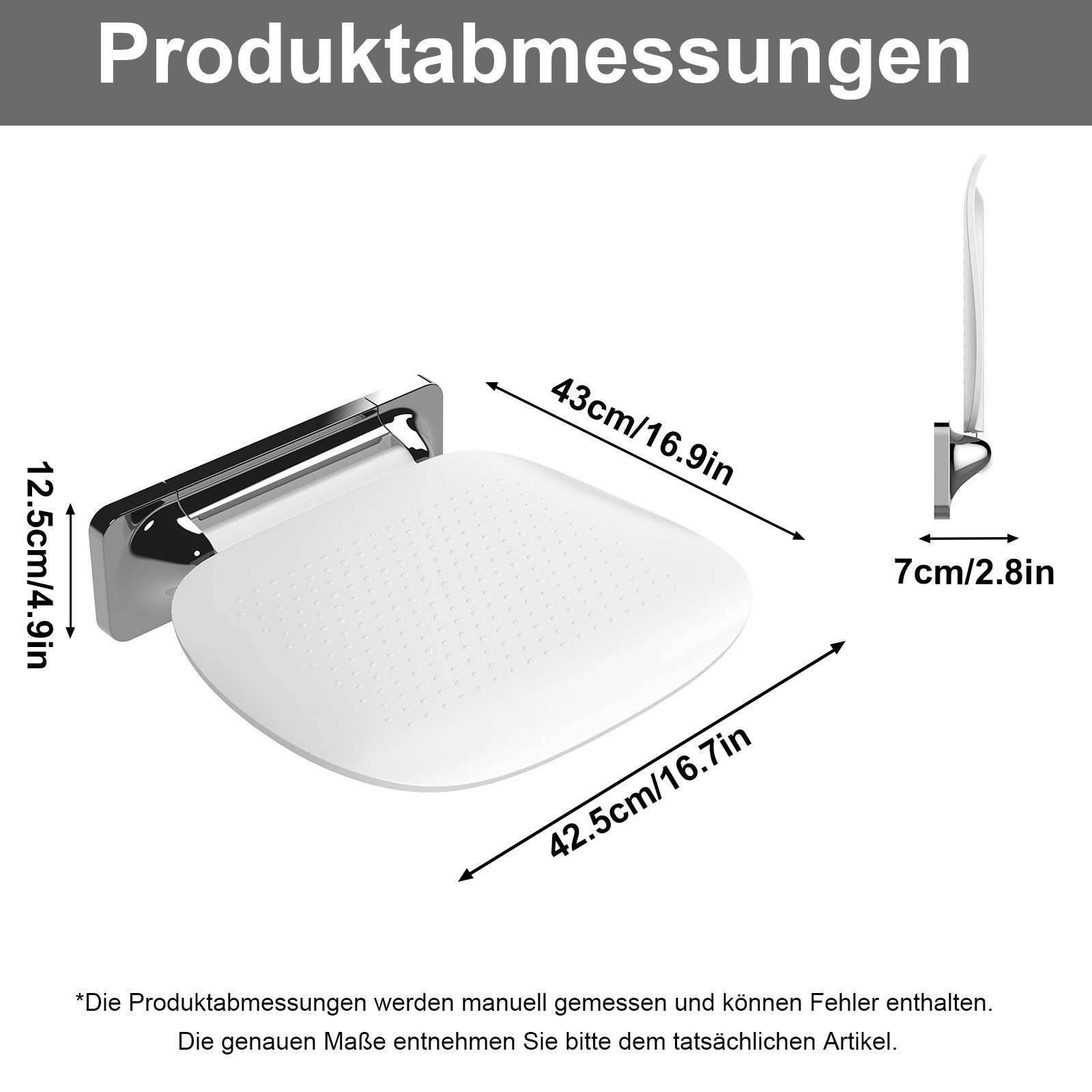 HEUFFE Duschklappsitz Klappbar Wandmontage mit großer Sitzfläche, belastbar bis 180 kg, Ergonomischer Anti-Rutsch Bade-Hocker für Senioren & Behinderte