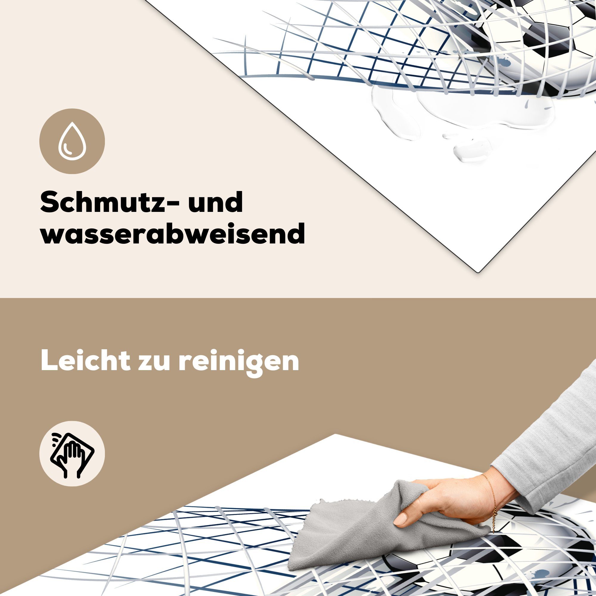 Mädchen, Jungen küche Illustration MuchoWow eines Vinyl, ins der cm, Fußballs, Eine für - (1 Ceranfeldabdeckung, geht Arbeitsplatte Herdblende-/Abdeckplatte 78x78 tlg), Tor -