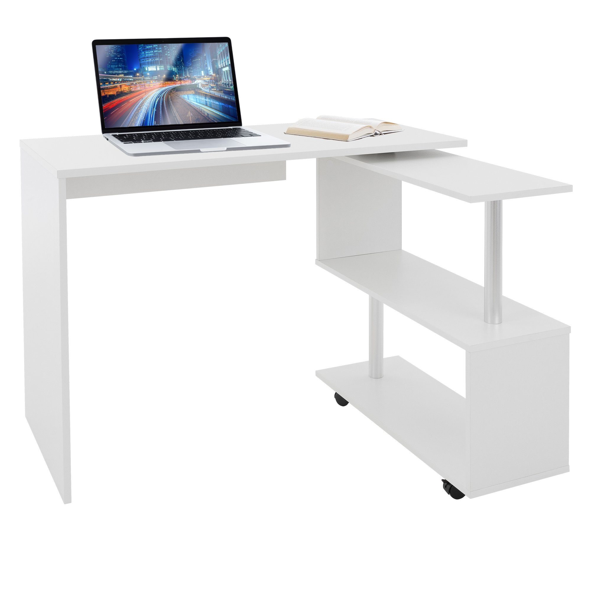 ML-DESIGN Schreibtisch Eckschreibtisch L-Form Arbeitstisch Bürotisch Computertisch PC Tisch, Drehbar mit 4 Rädern Weiß glänzend 150x88x75cm für Heim und Büro