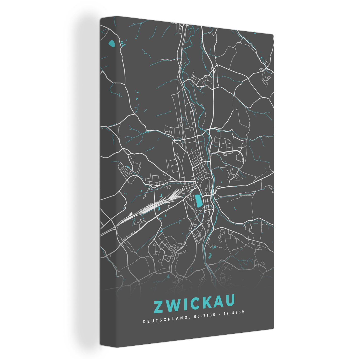bespannt Zwickau - Leinwandbild Stadtplan Leinwandbild - cm - Karte, Deutschland OneMillionCanvasses® St), 20x30 Zackenaufhänger, fertig (1 Gemälde, inkl. Blau -
