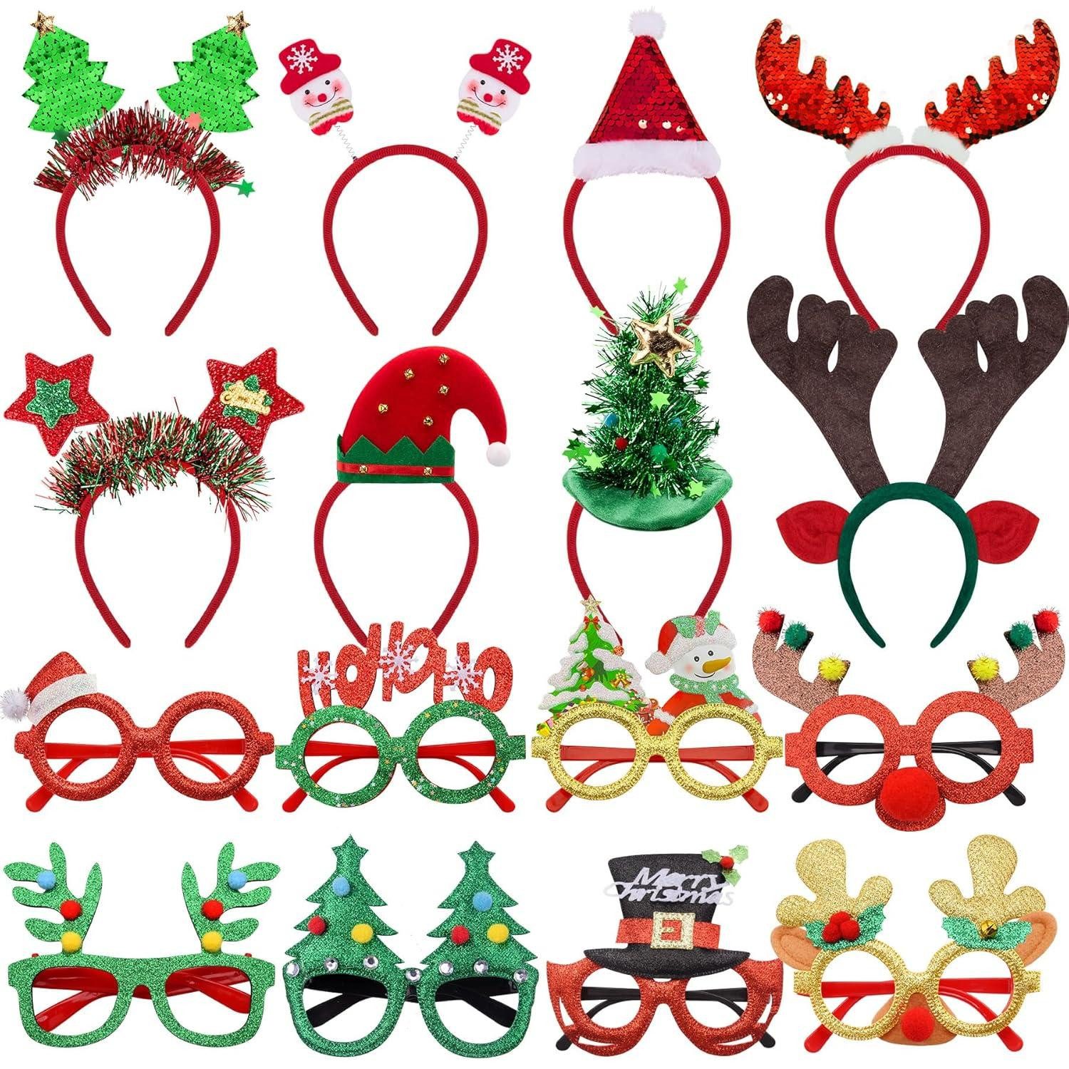Haarreif 16-teiliges Weihnachts Stirnband und Brille Set für Party Kostüm