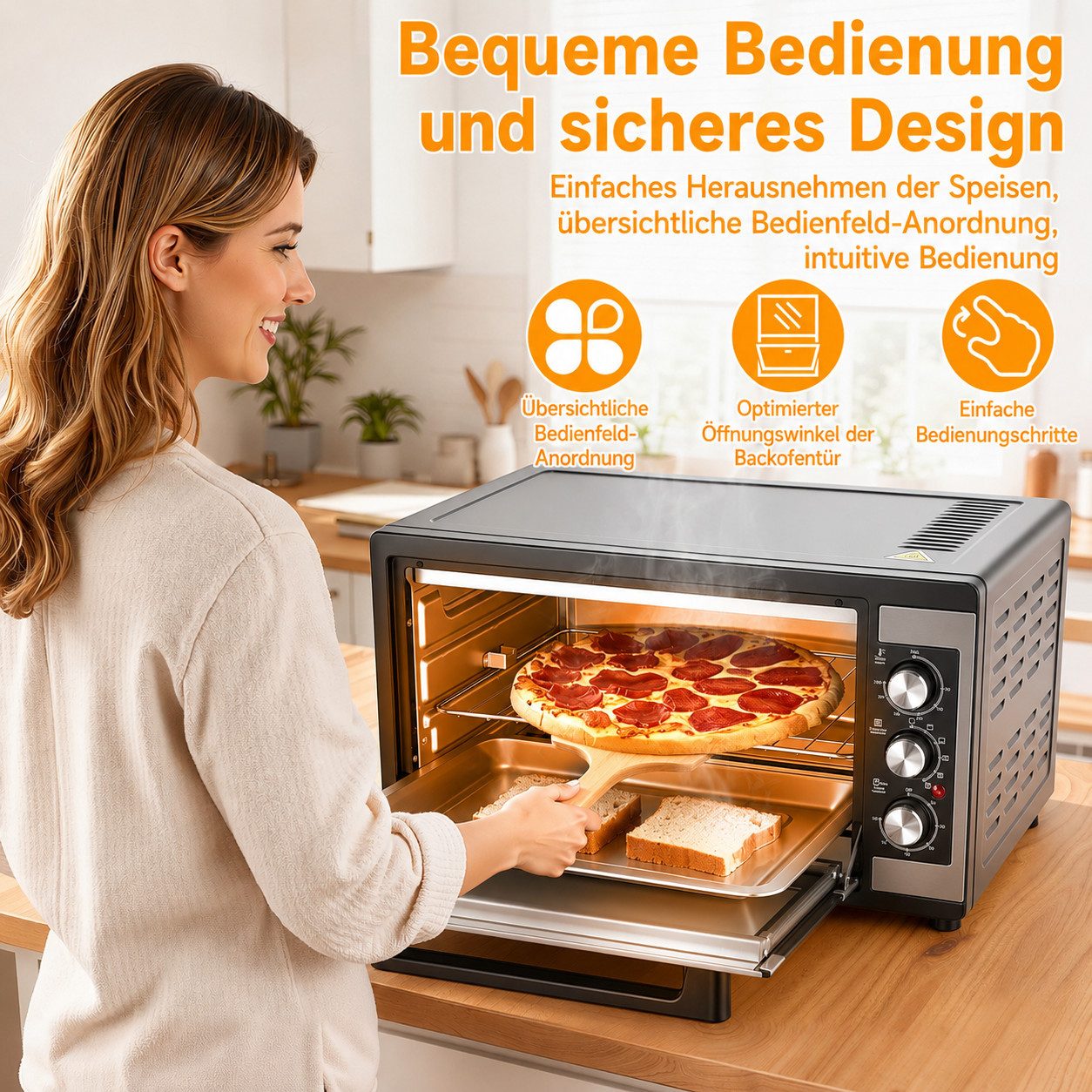 Rutaqian Minibackofen Minibackofen 46 Liter, 1500W Mini Backofen Heißluft Umluft, 9-in-1 Ofenmaschine für den Tisch, Drehspieß, 60 Min Timer, Edelstahl
