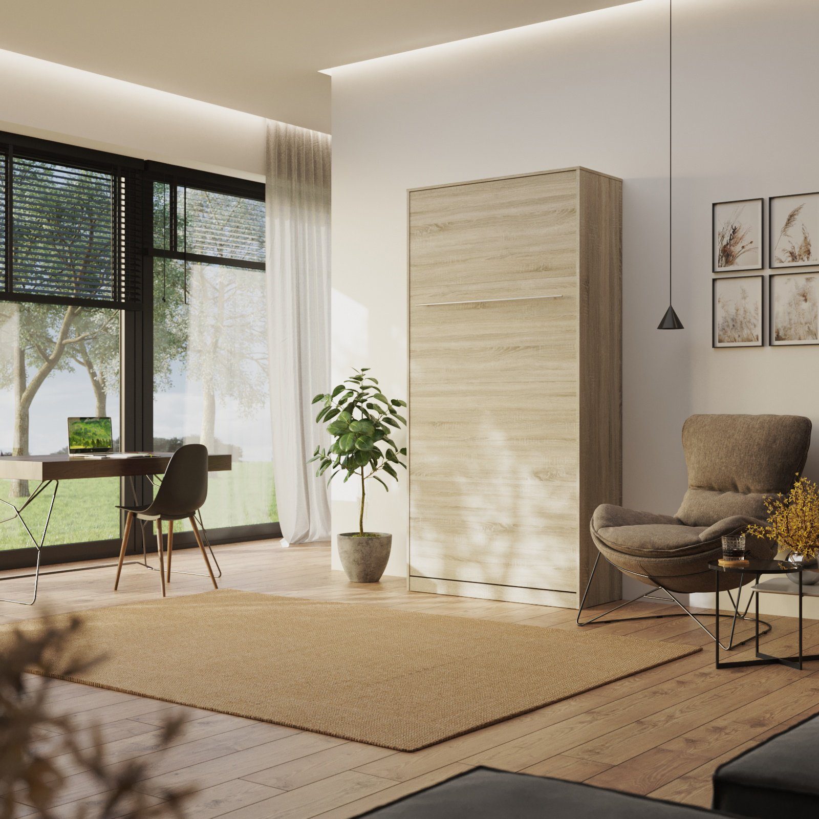 SMARTBett Schrankbett Standard 90/120/140/ 160x200 cm Vertikal Eiche Sonoma Gasdruckfedern, Ablagefläche im Korpus