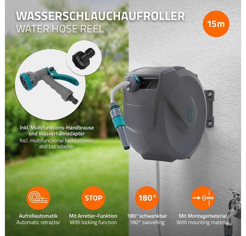 Thumbnail - ECD Germany Schlauchaufroller Schlauchtrommel mit Arretierstop 9 Sprühfunktionen 180° Schwenkbar, Schlauchtrommel 15m+1,...