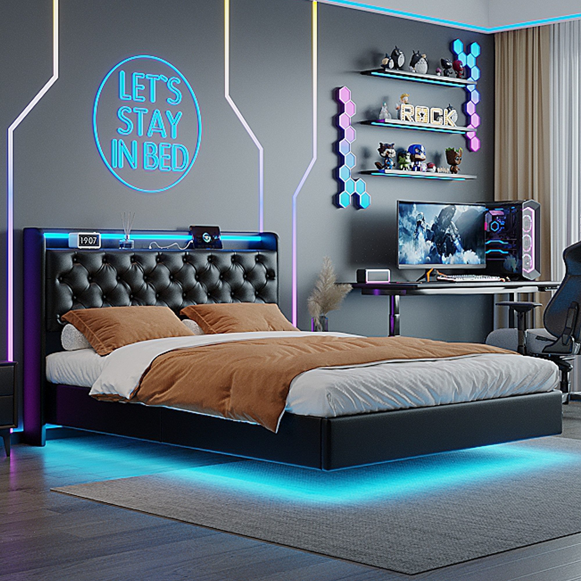 PXloue Polsterbett LED Doppelbett (Kein Bettfuß-Design), günstig online kaufen