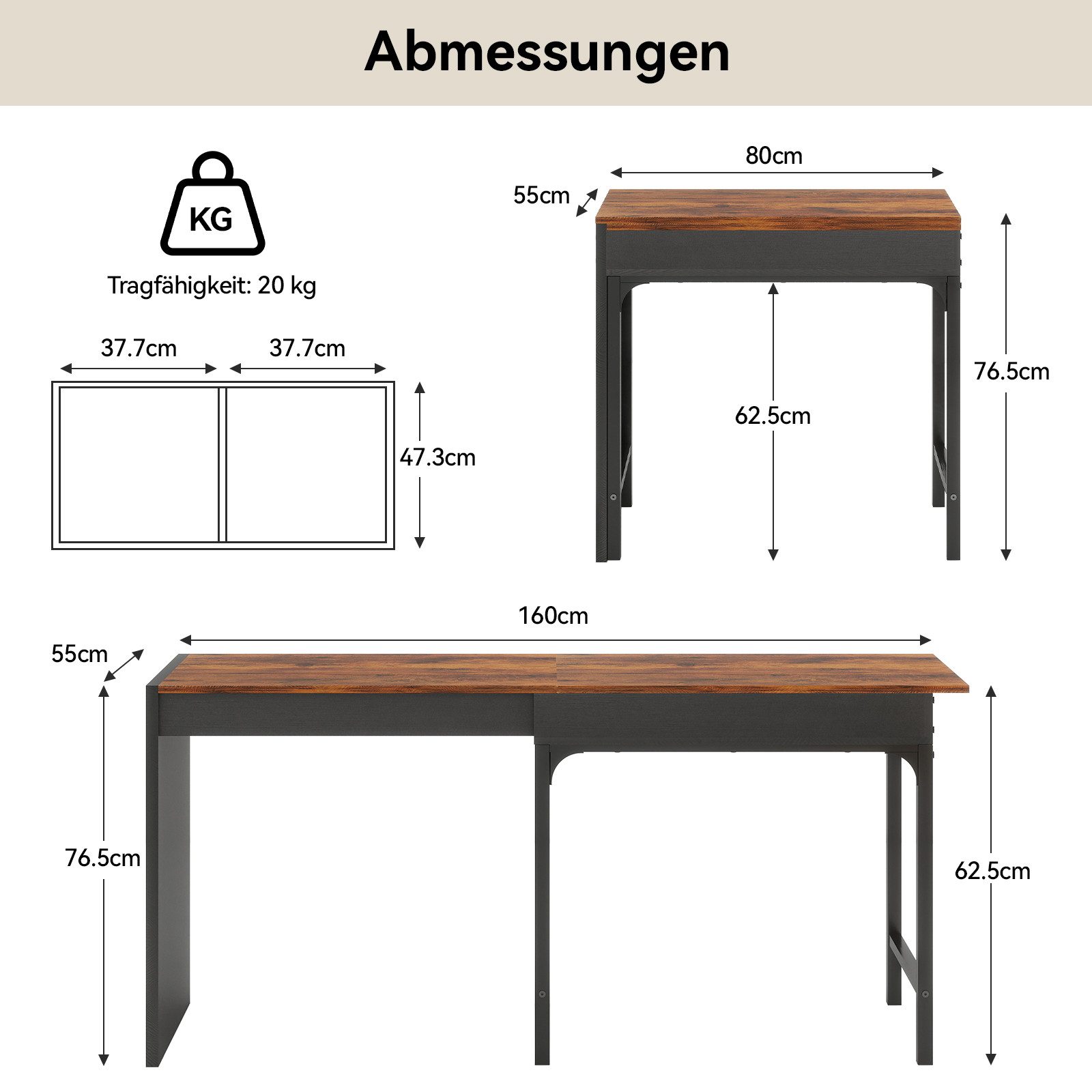 Puluomis Esstisch ausziehbar, Erweiterbarer Tisch 55x80-160cm, Klapptisch weiß natur – Bild 3 von 5