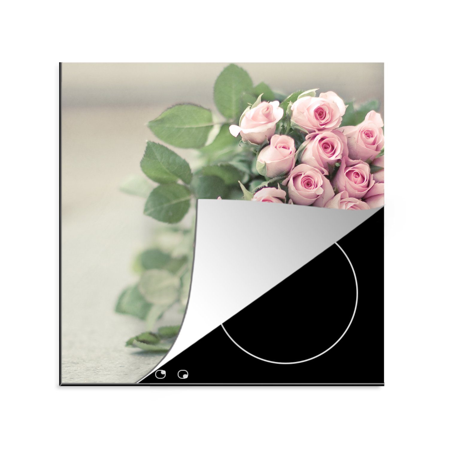 MuchoWow Herdblende-/Abdeckplatte Rosen (1 küche cm, Rosa - Ceranfeldabdeckung, 78x78 Arbeitsplatte - Vinyl, für Stein, tlg)