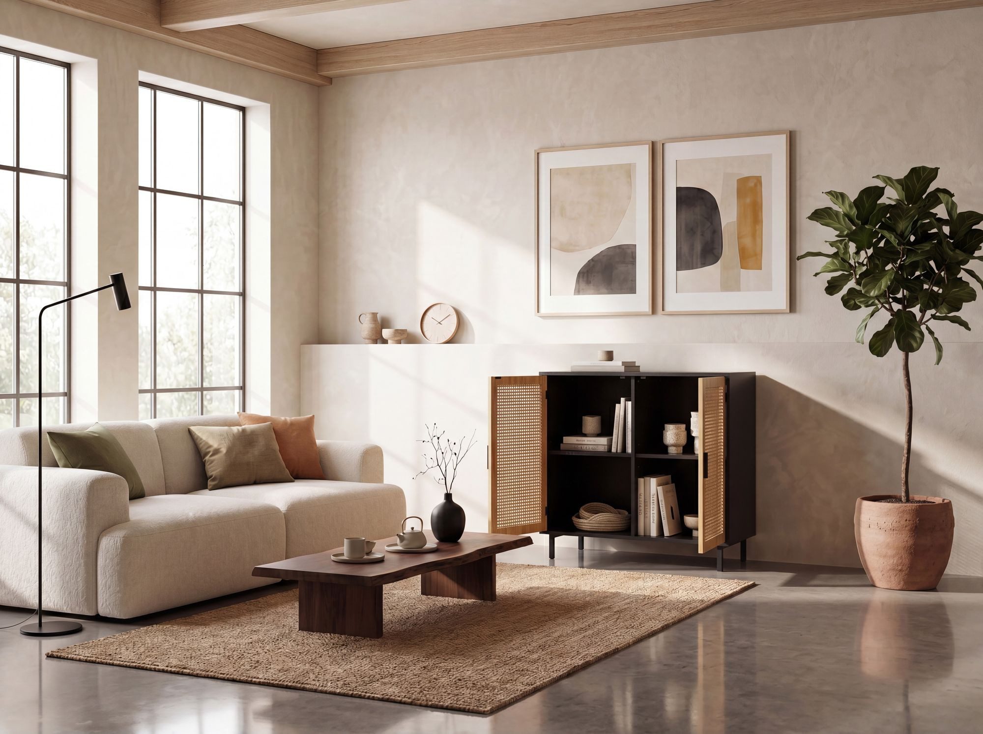 FINEBUY Sideboard FB100054 80cm mit 2 Türen in Rattan Wiener Geflecht Design Kommode (Kommode 2 Türen, Kommodenschrank Wiener Geflecht), 80x86,5x40 cm Anrichte Schwarz, Standschrank