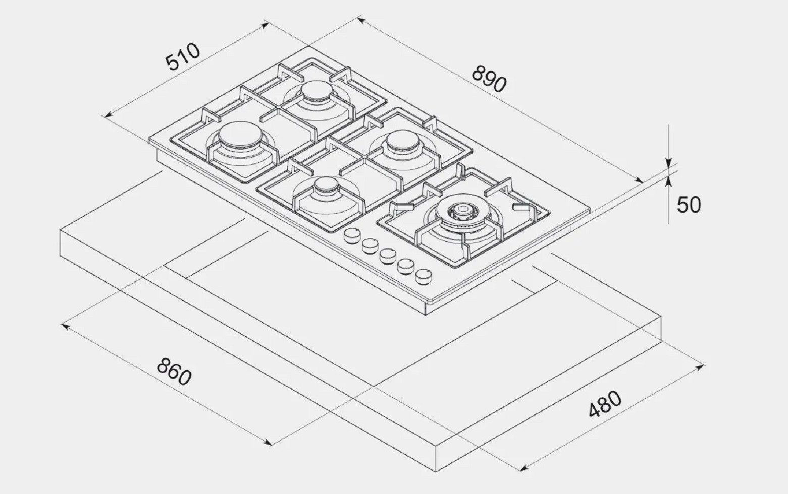 GURARI Gas-Kochfeld GCH FQ 905 +WOK Adapter, 90 cm, Edelstahl, 4,0 KW WOK, 5 Gasbrenner,Erdgas, FL.Gas