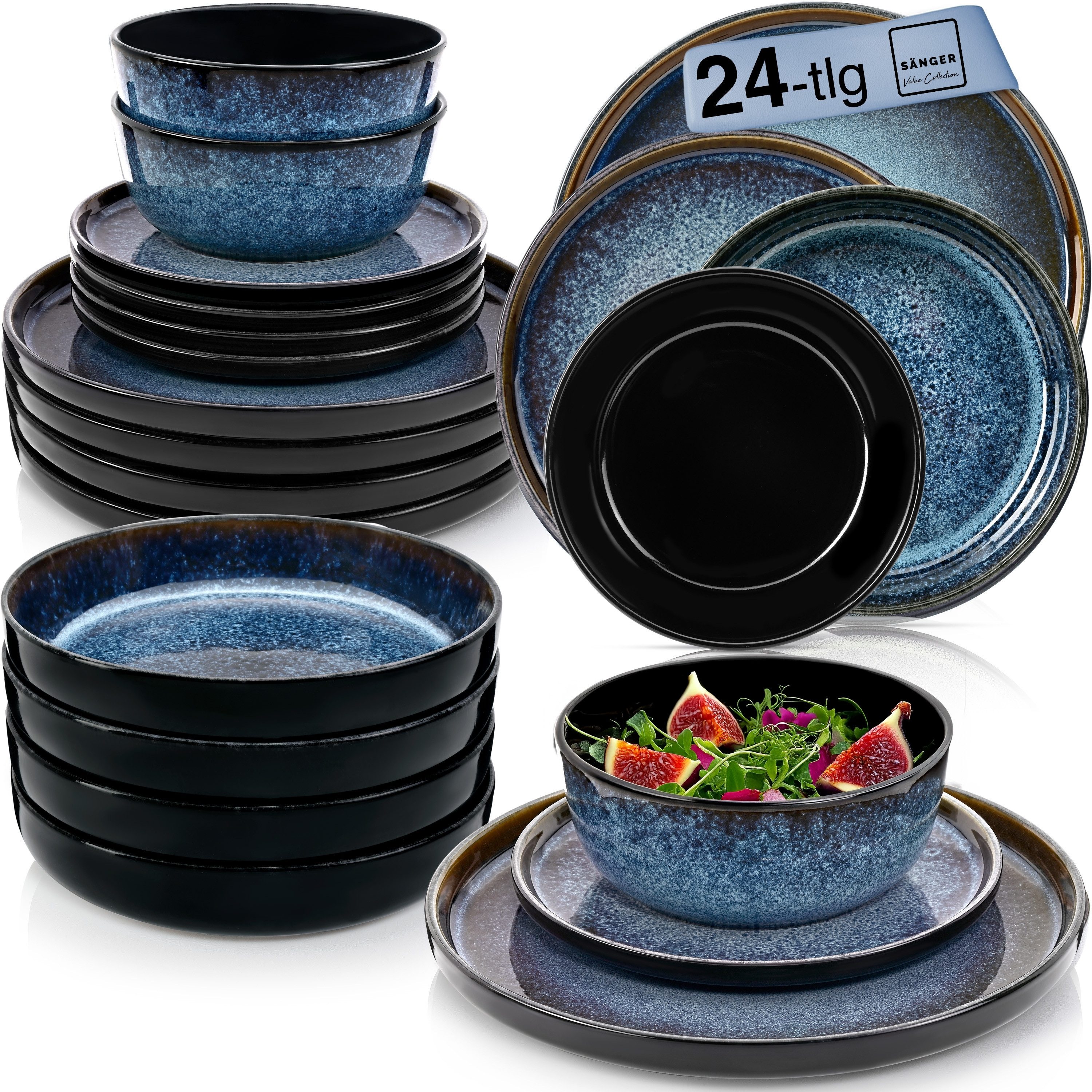 SÄNGER Geschirr-Set Osaka Blau mit schwarzem Rand (24-tlg), 6 Personen, Steingut, Tafelservice, Handmade, Erweiterbar, VALUE COLLECTION