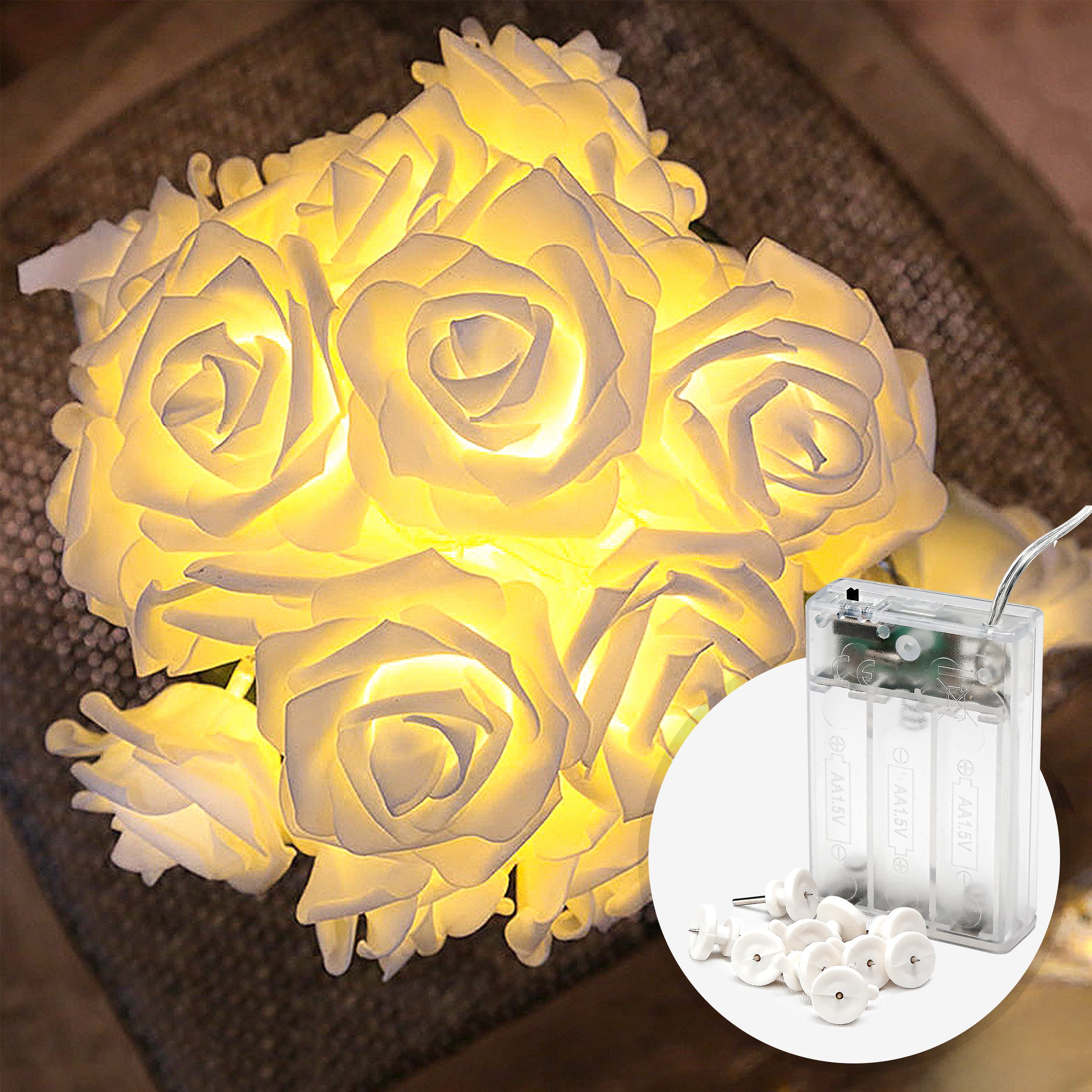 COZY HOME LED-Lichterkette Rosen Lichterkette Batterie & Stecker -, 5 Meter & 20 Blumen LED Warmweiß I Timerfunktion I Innenanwendung