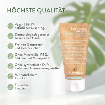 LICHTGRÜN® Handcreme HAND- UND NAGELCREME 50 ml Präbiotisch, 99,9% Natürlich, Vegan, mit Bio-Leinöl, Bio-Steinrose, Allantoin, Hochverträglich