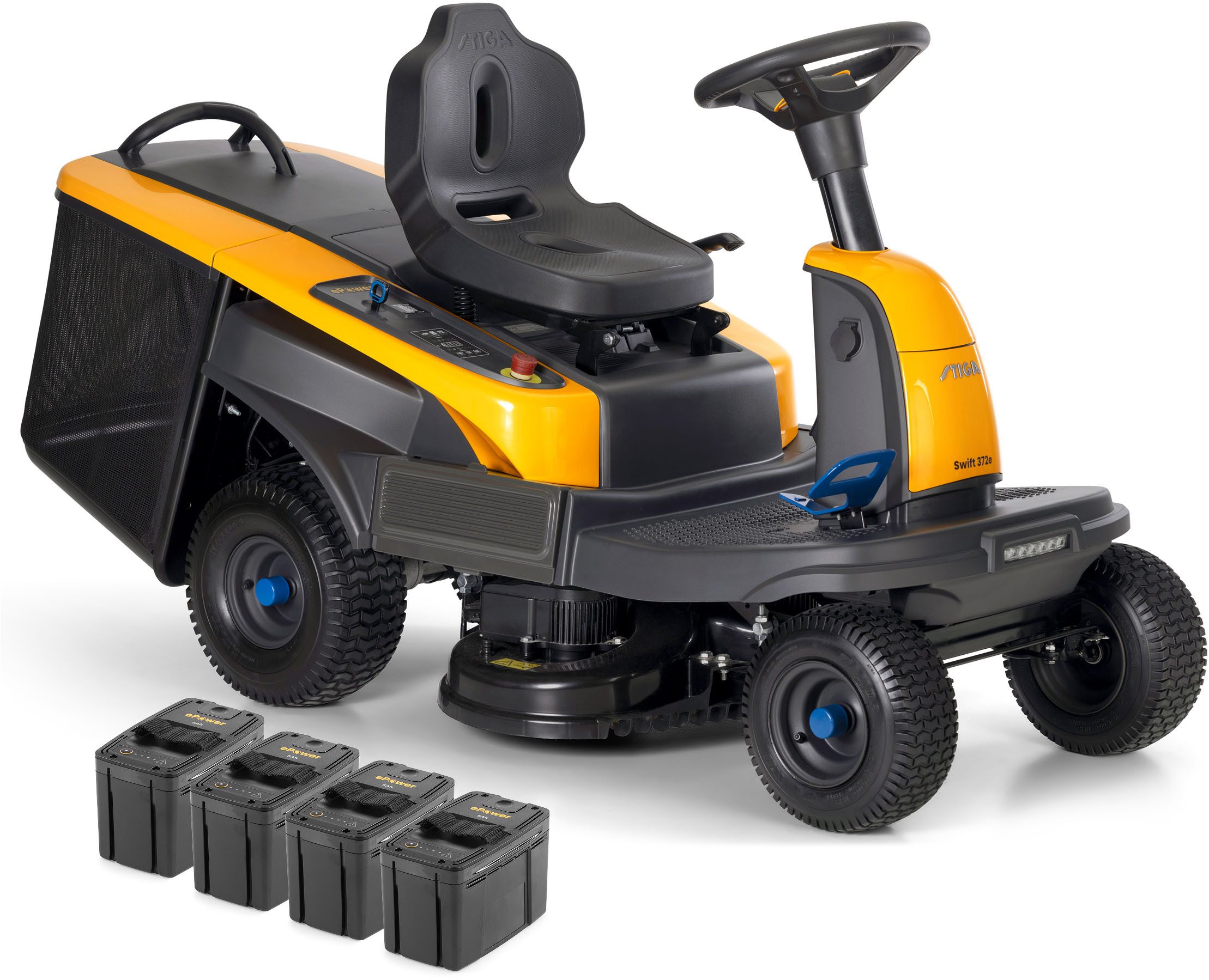 STIGA GARDEN Akku-Rasentraktor Swift 372e Kit, 72 cm Schnittbreite, Set, 4x 48 V (5 Ah) Akku & Ladegerät, 170 L Fangkorb, Mulchstecker, Zugöse, für Flächen bis 2000 m², Doppel-Messer Mähdeck, Tempomat