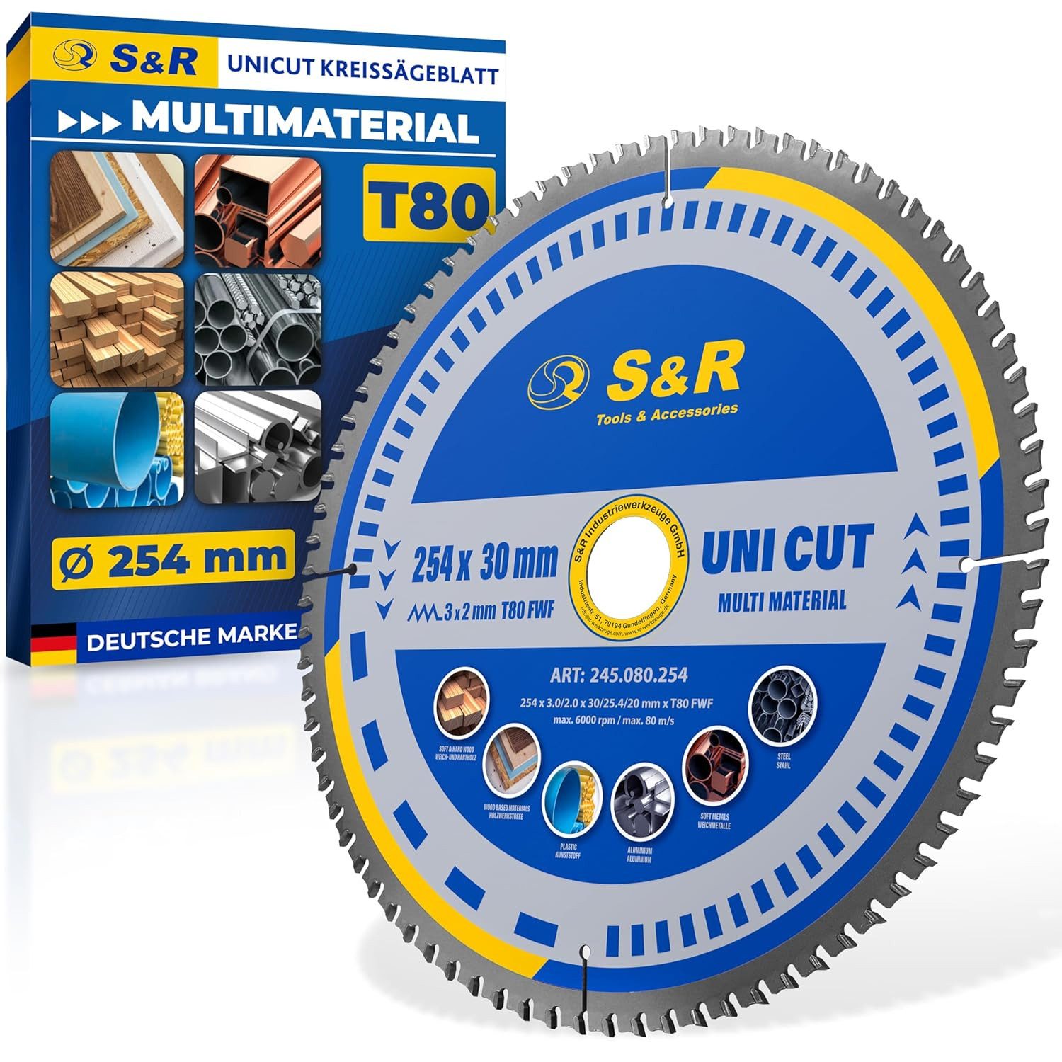 S&R Kreissägeblatt (Einzelsägeblatt, + Reduzierringe auf 25,4 mm und 20mm), Professionelles Multimaterial-Sägeblatt mit Spezialzahnung