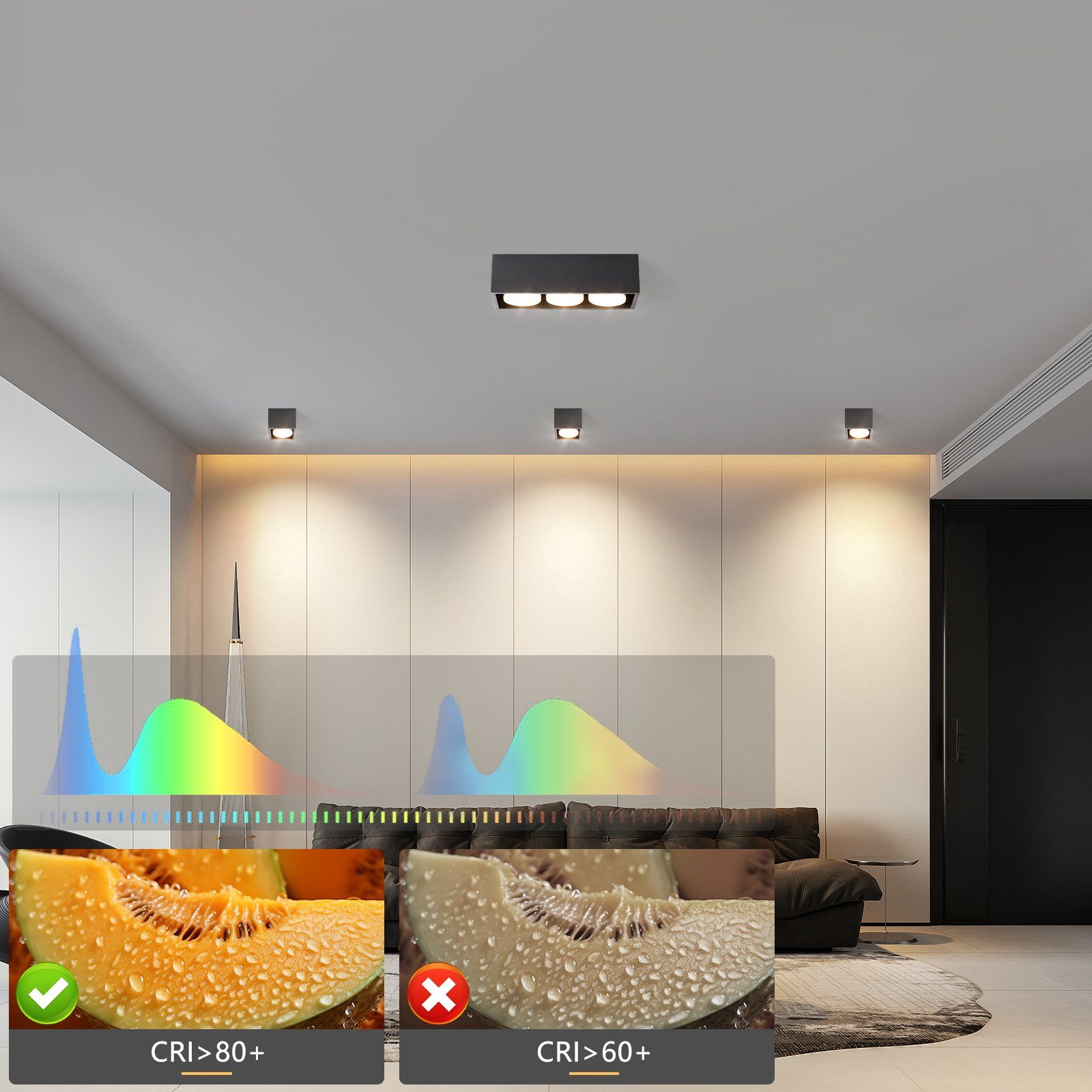 für Küche Wohnzimmer, ZMH Deckenspots Schwenkbar, mit - Deckenstrahler LED Schwarz LED GX53 Aufbaustrahler Flammig 3 15W Deckenleuchte Eckig 3000k,
