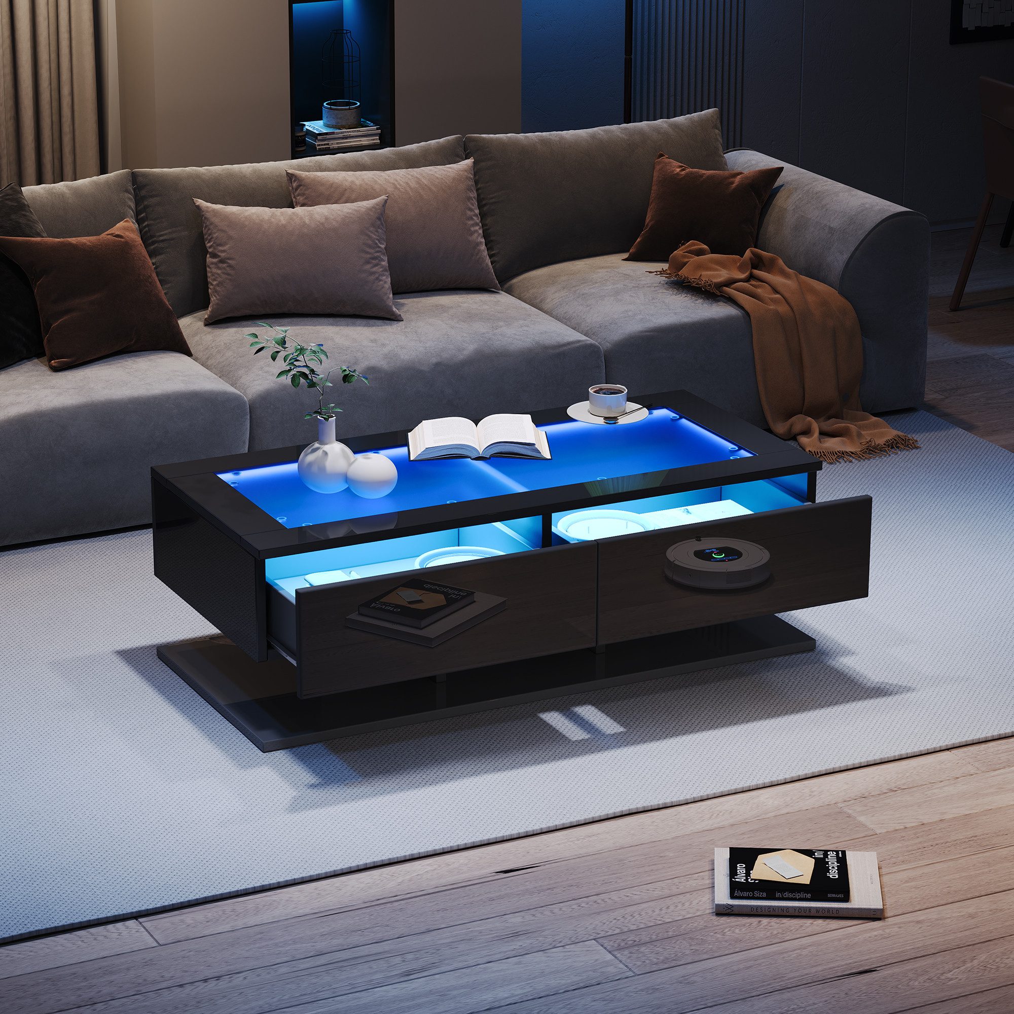 KLAM HOME Couchtisch Hochglanz Couchtisch mit LED-Licht & 2 Schubladen (100x50x35cm Moderner Glasplatten Sofatisch Schwarz), Wohnzimmertisch mit App-Steuerung & USB-Stromversorgung