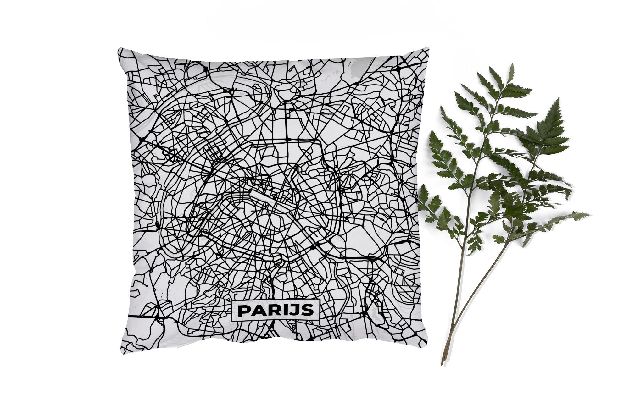 MuchoWow Dekokissen Stadtplan - Paris - Schwarz und weiß - Karte, Zierkissen mit Füllung für Wohzimmer, Schlafzimmer, Deko, Sofakissen