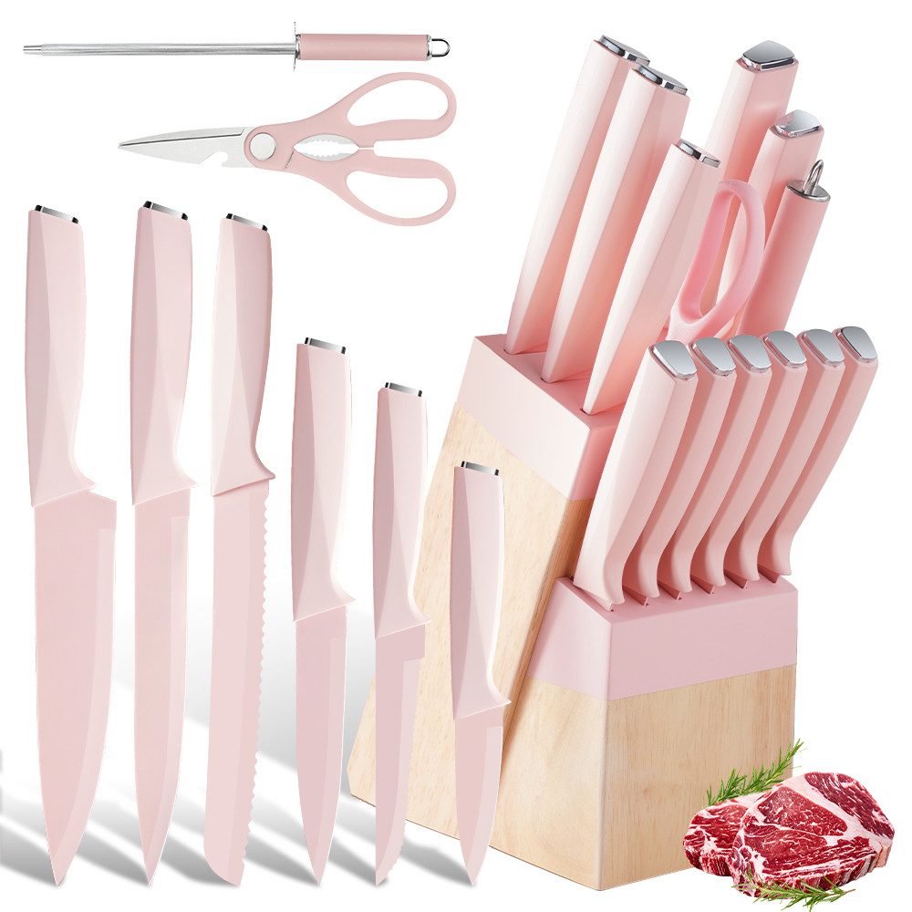 MDHAND Messer-Set 14-teiliges Küchenmesserset, 15° scharfe Klingen, ergonomischer Griff (14-tlg), inklusive Messerblock mit integriertem Schärfeinsatz