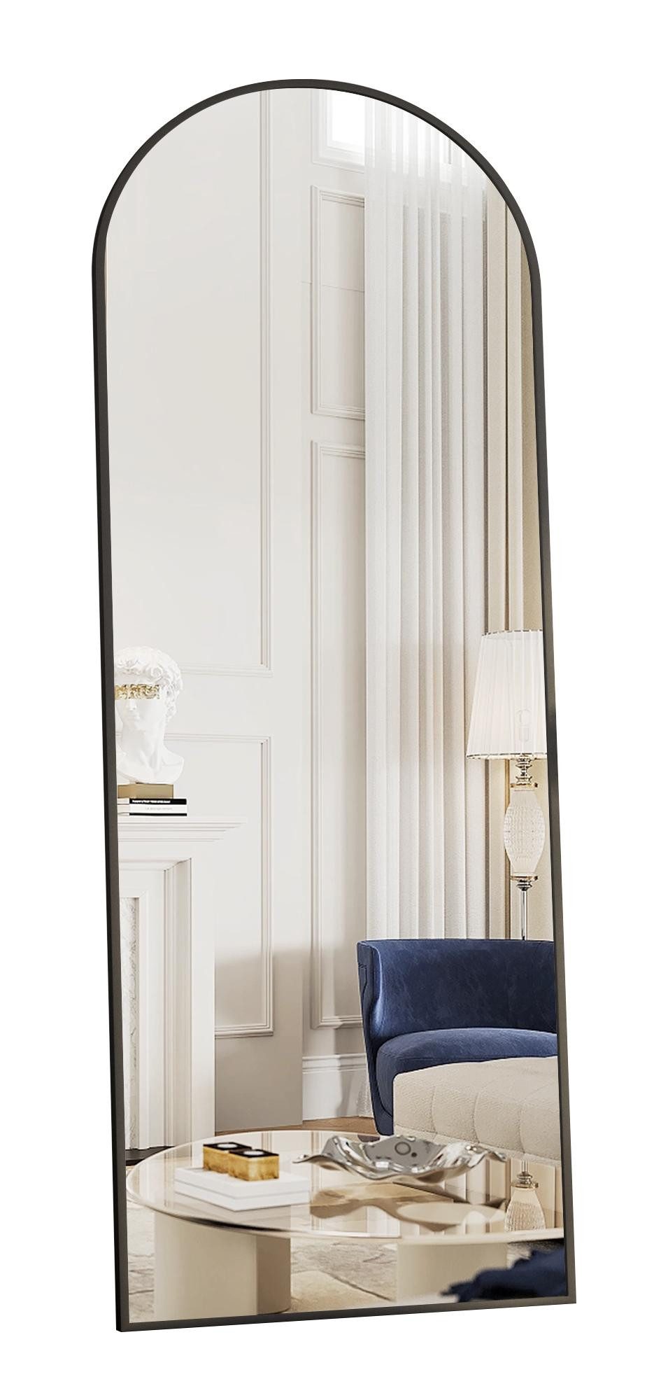 Boromal Standspiegel Schwarz Metall Alurahmen 150x50 (Ganzkörperspiegel Oval, mit Metall Haken), für Flur Garderobe Kinderzimmer Hotel