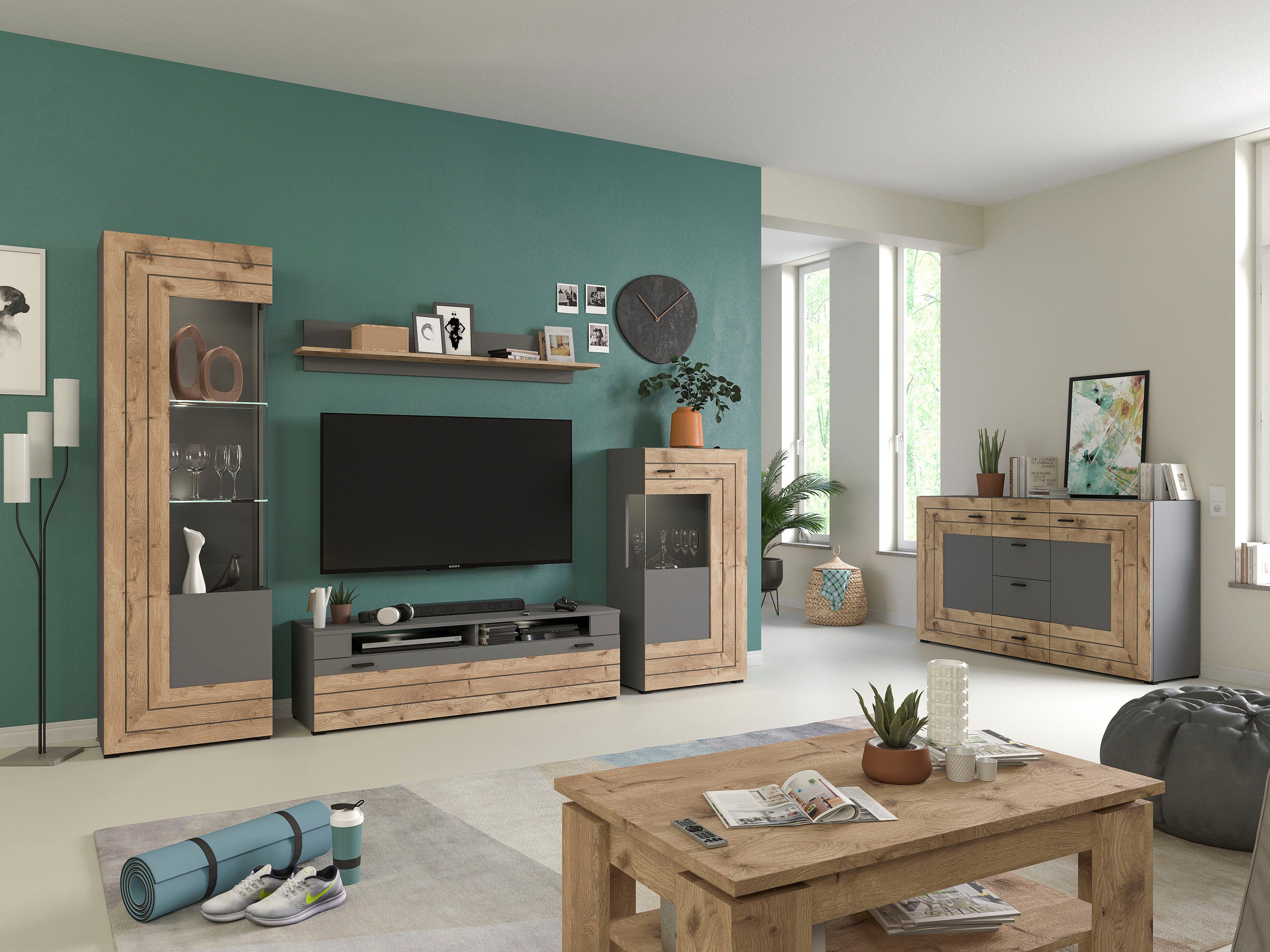 Home affaire Vitrine Aalborg, Höhe 194 cm, 1 Glastür, 2 Glaseinlegeböden, Metallgriffe Vitrinenschrank, Hochschrank, Stauraumschrank, Wohnmöbel, Wohnzimmer