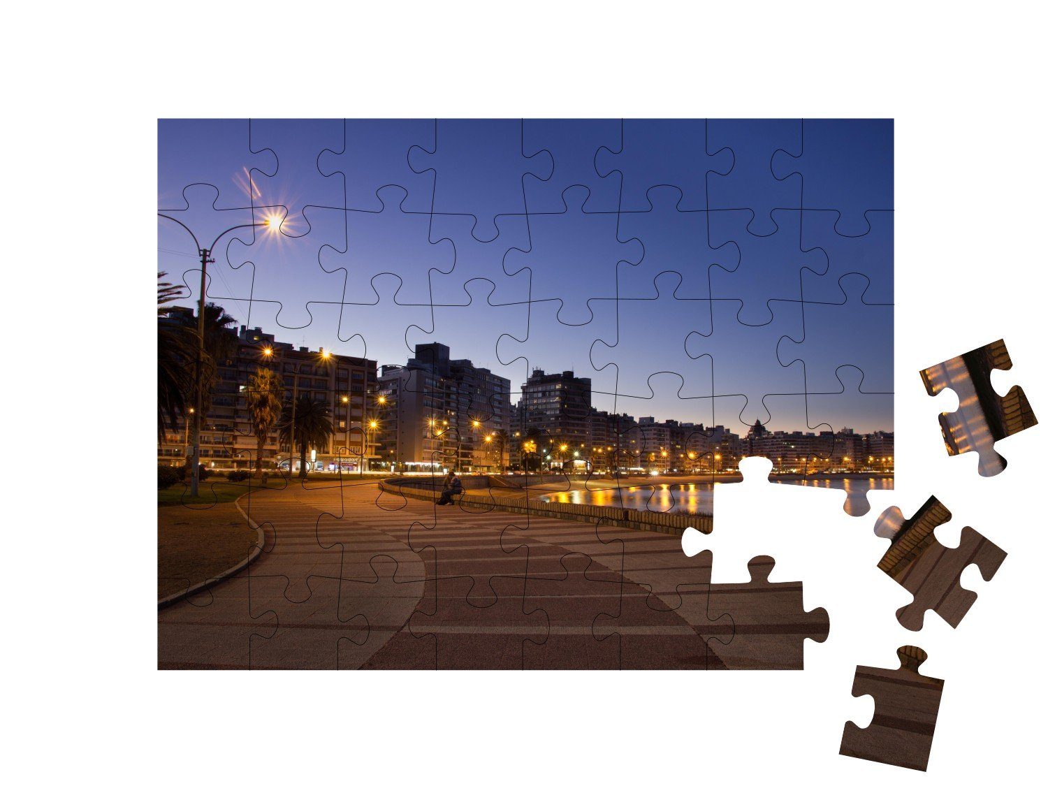 puzzleYOU Puzzle 48 puzzleYOU-Kollektionen Montevideo, Rambla, Puzzleteile, nachts